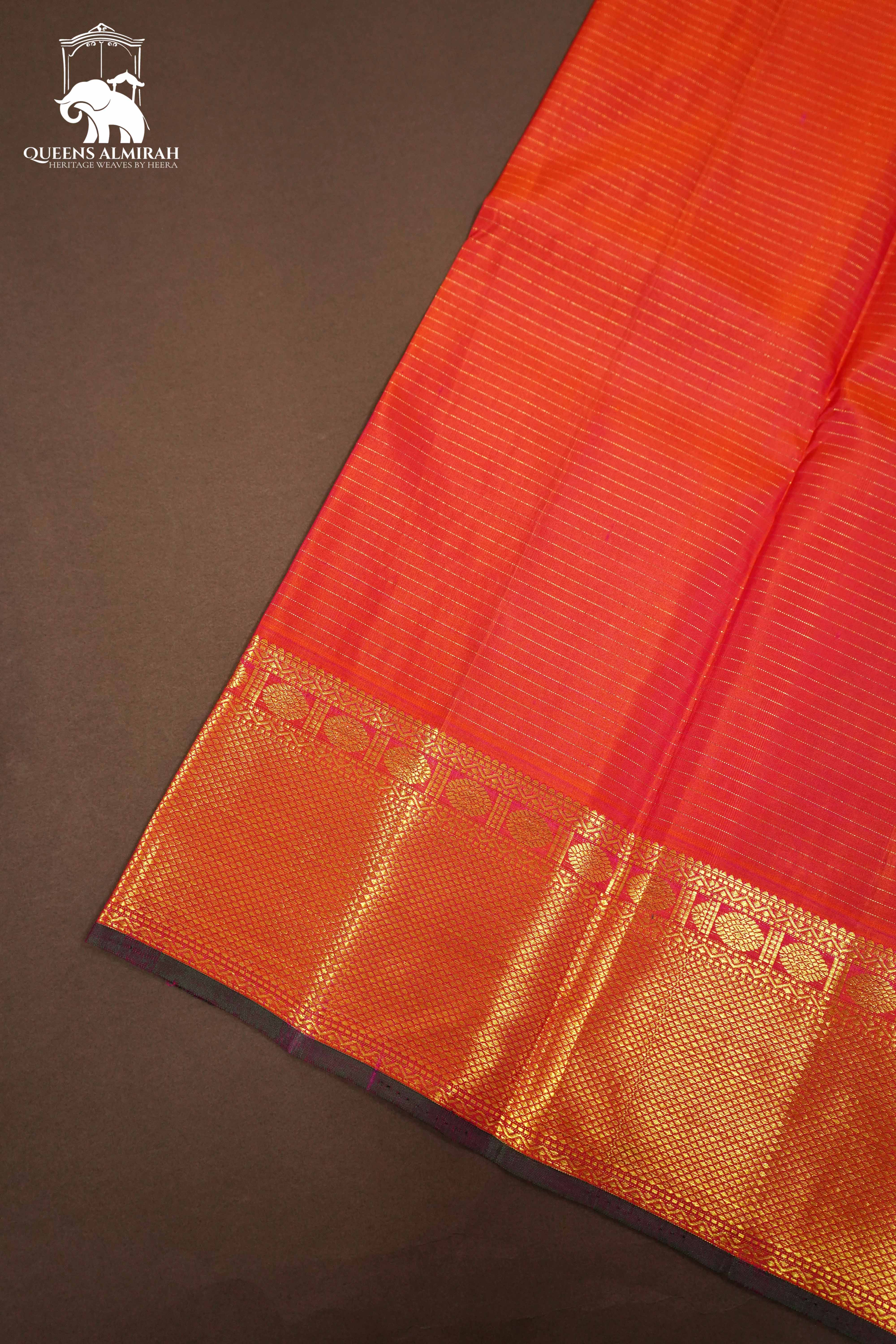 PINKISH ORANGE WITH WOVEN BORDER KANCHIVARAM SILK SAREE - Queens Jewel Emporium