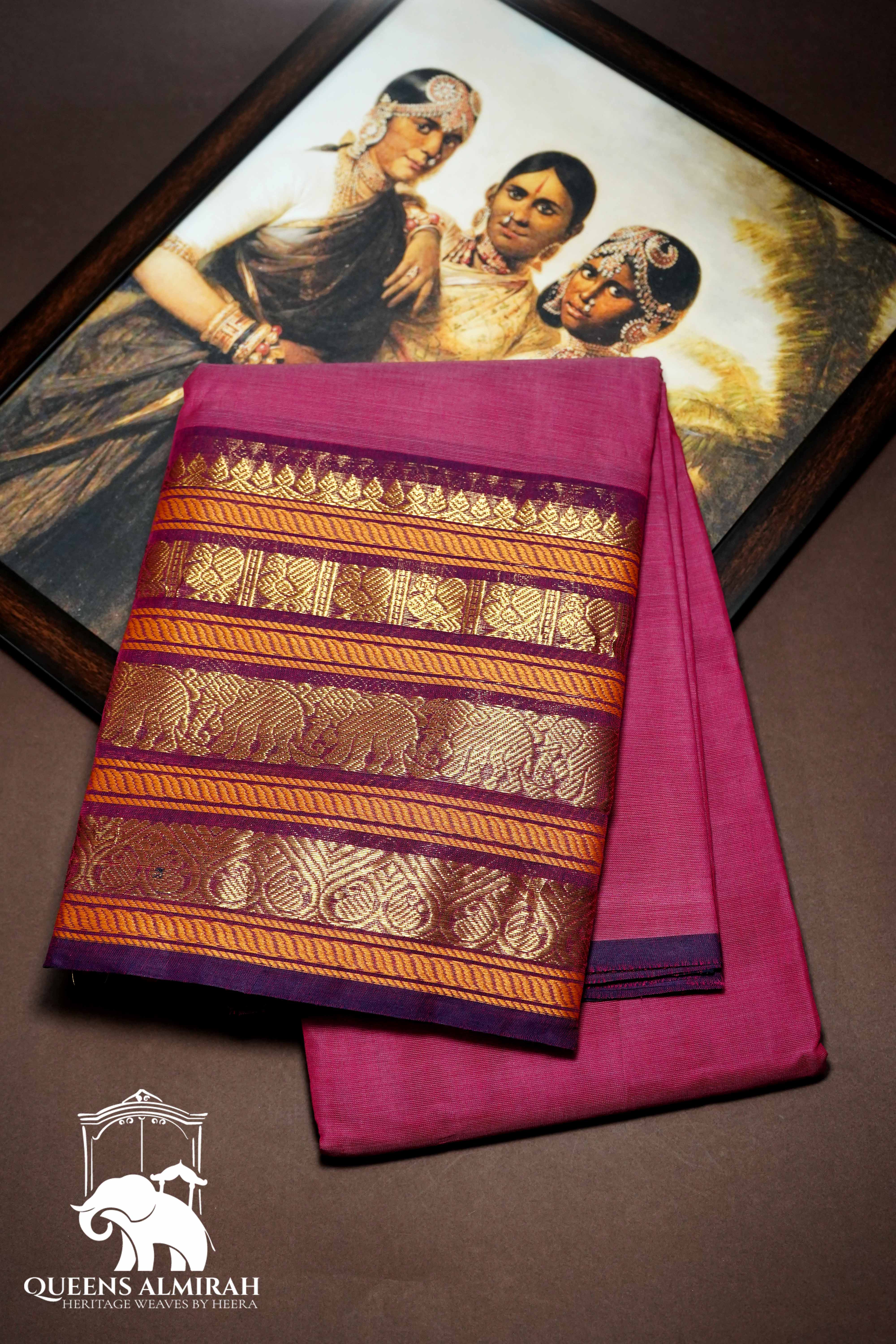 RASPBERRY PINK WITH DARK PURPLE KANCHI COTTON SAREE - Queens Jewel Emporium