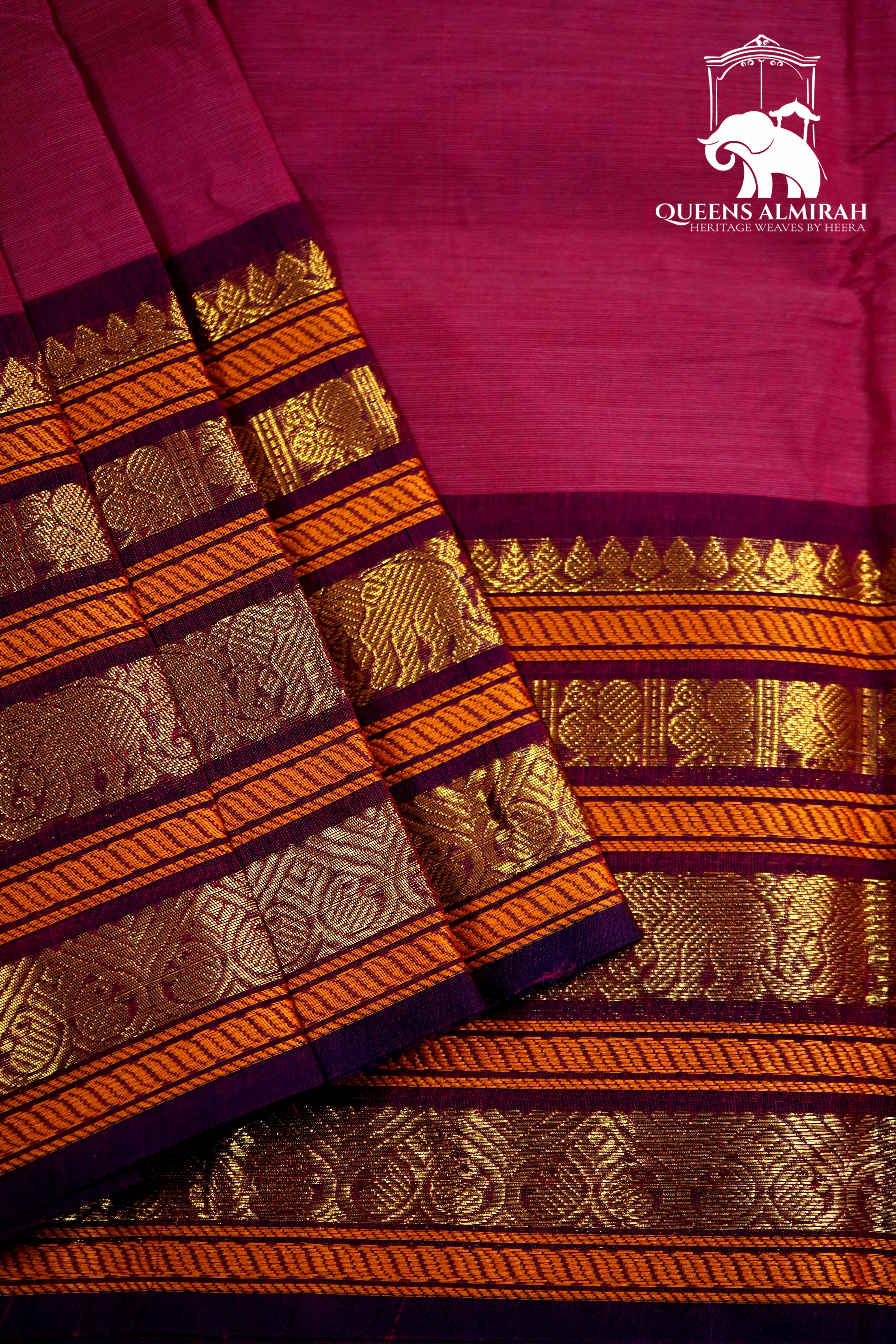 RASPBERRY PINK WITH DARK PURPLE KANCHI COTTON SAREE - Queens Jewel Emporium