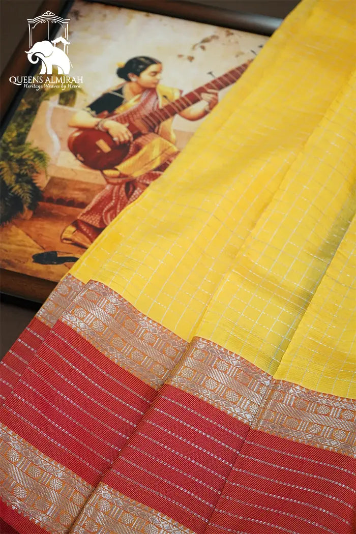 RASPERRY PIINK WITH LEMON YELLOW CHECKS MANGALGIRI SAREE - Queens Jewel Emporium