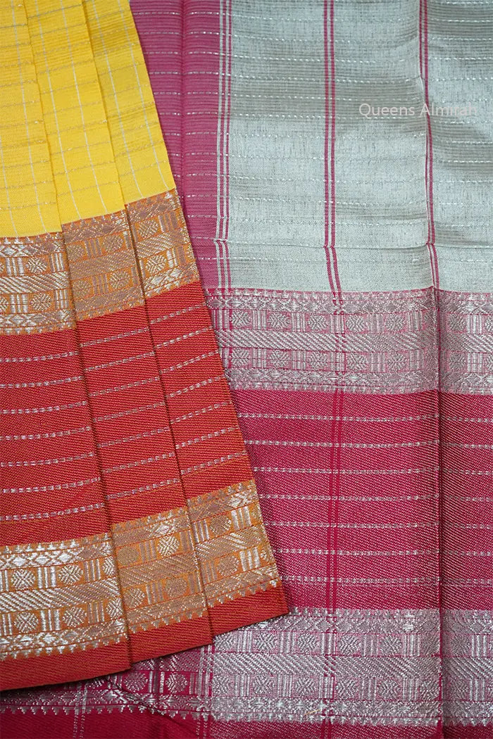 RASPERRY PIINK WITH LEMON YELLOW CHECKS MANGALGIRI SAREE - Queens Jewel Emporium