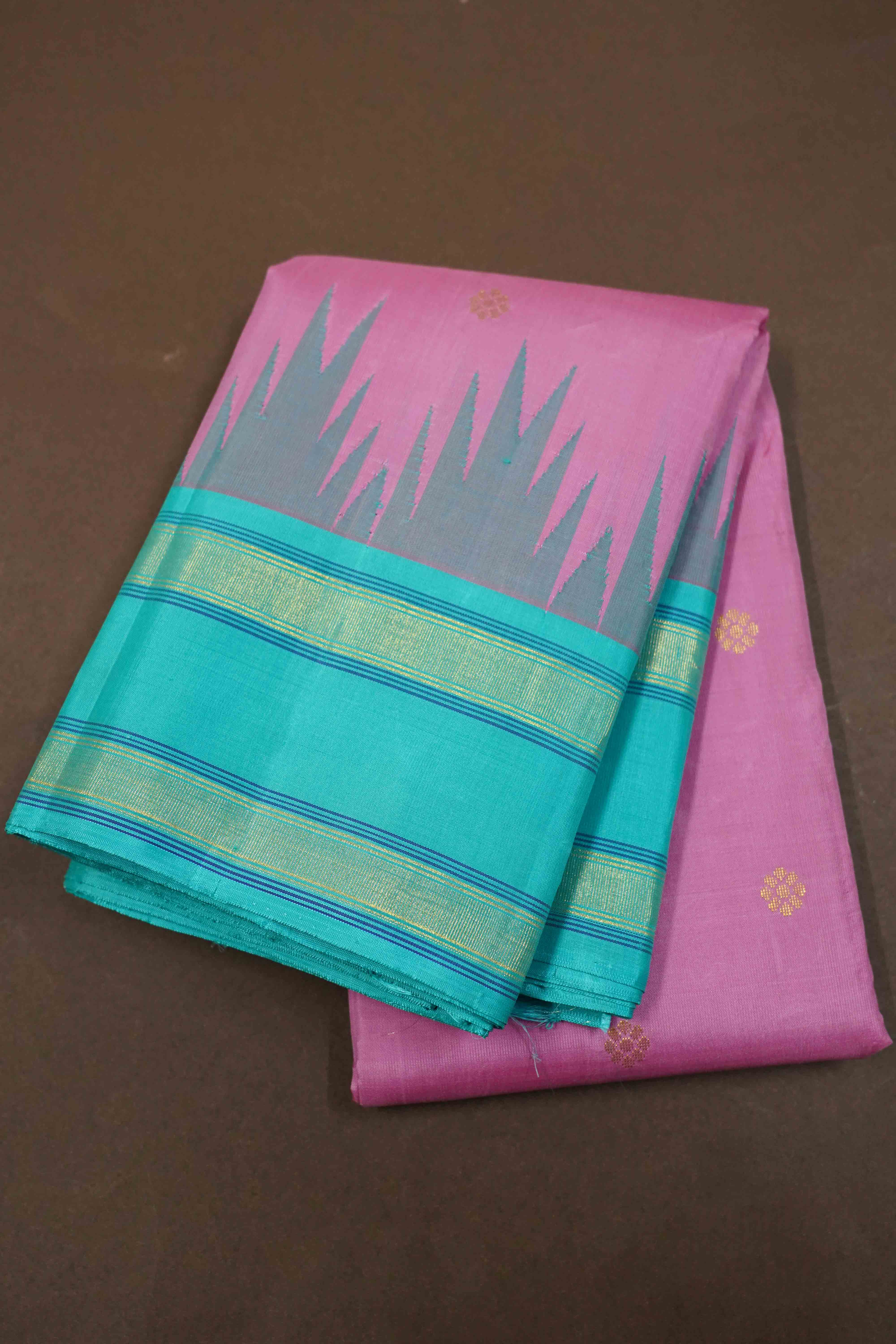 ROSE MILK PINK WITH BLUE GREEN PURE KANCHIVARAM SILK SAREE - Queens Jewel Emporium