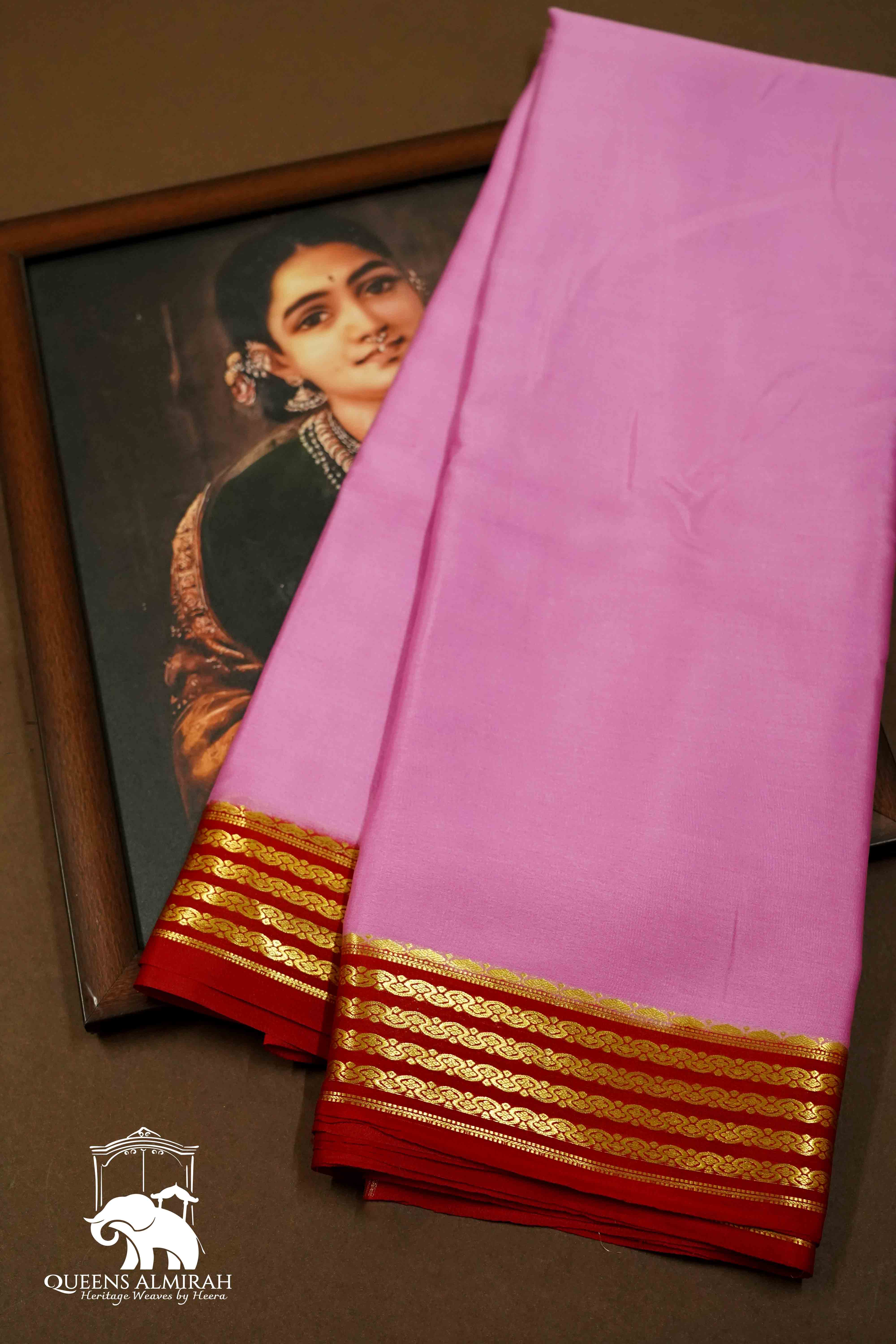 ROSE MILK PINK WITH CHERRY RED MYSORE SILK SAREE - Queens Jewel Emporium