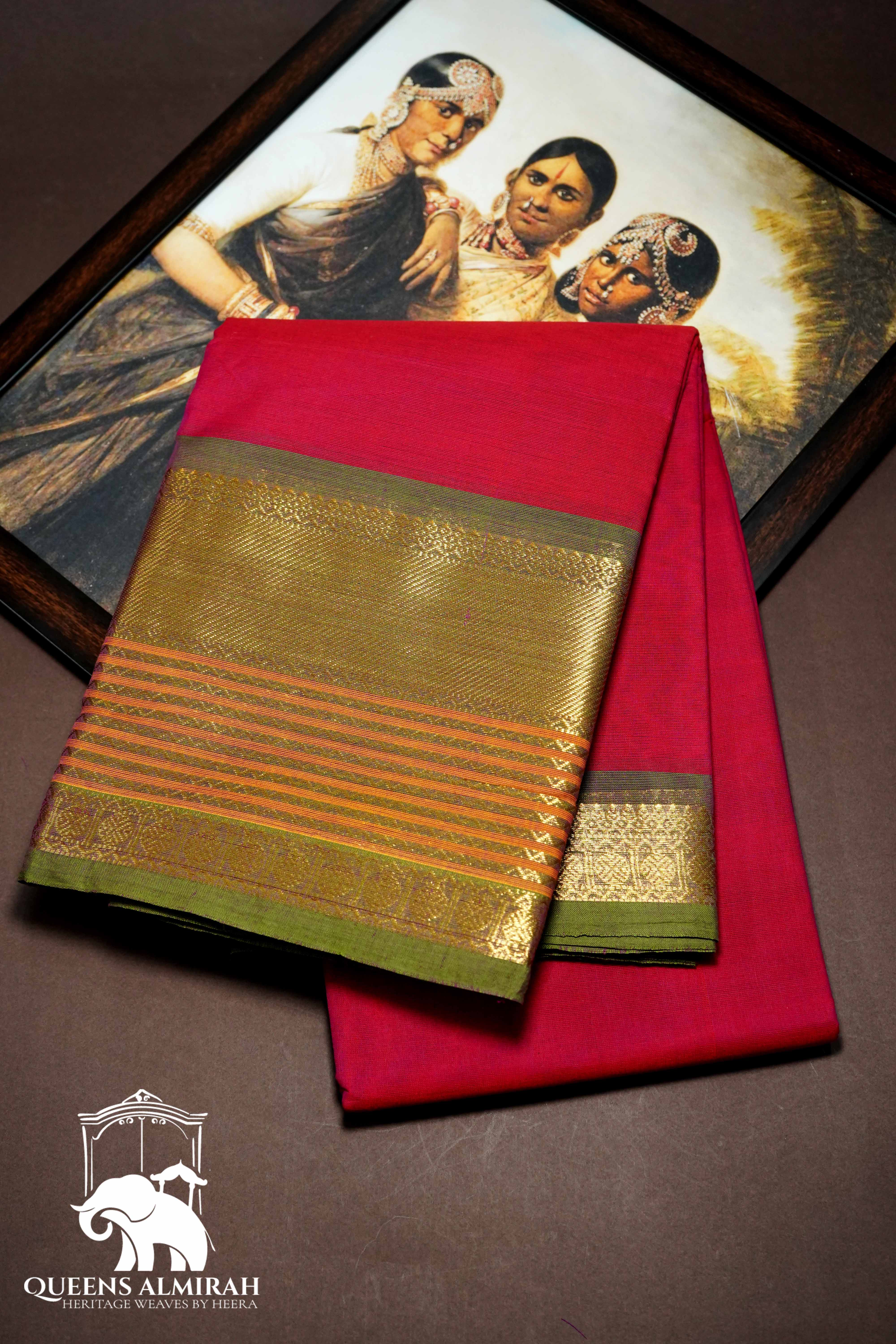ROYAL PINK WITH PALE GREEN KANCHI COTTON SAREE - Queens Jewel Emporium