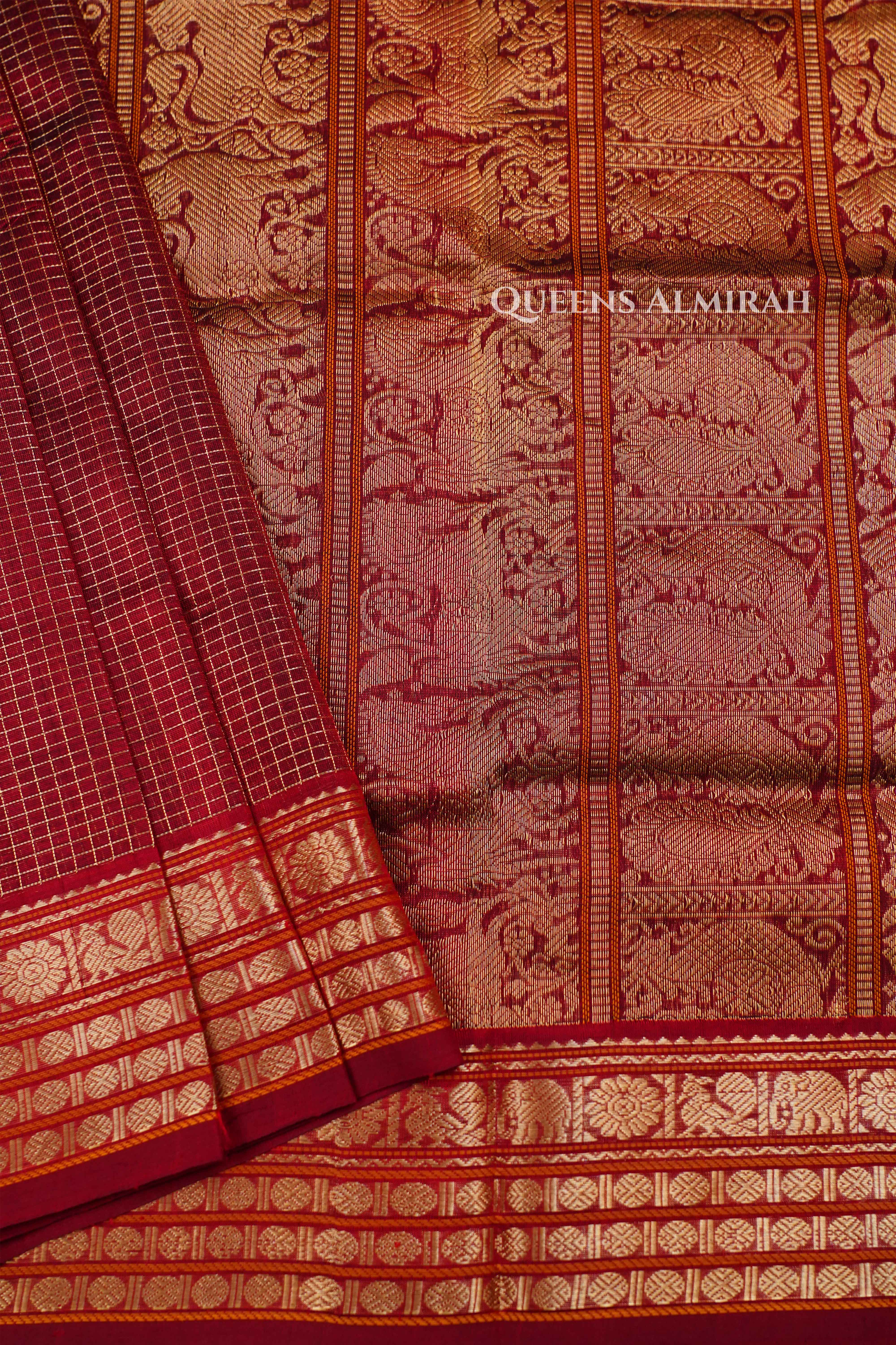 Red Brown-Karaikudi Chettinad Silk Cotton Saree QUEENS ALMIRAH
