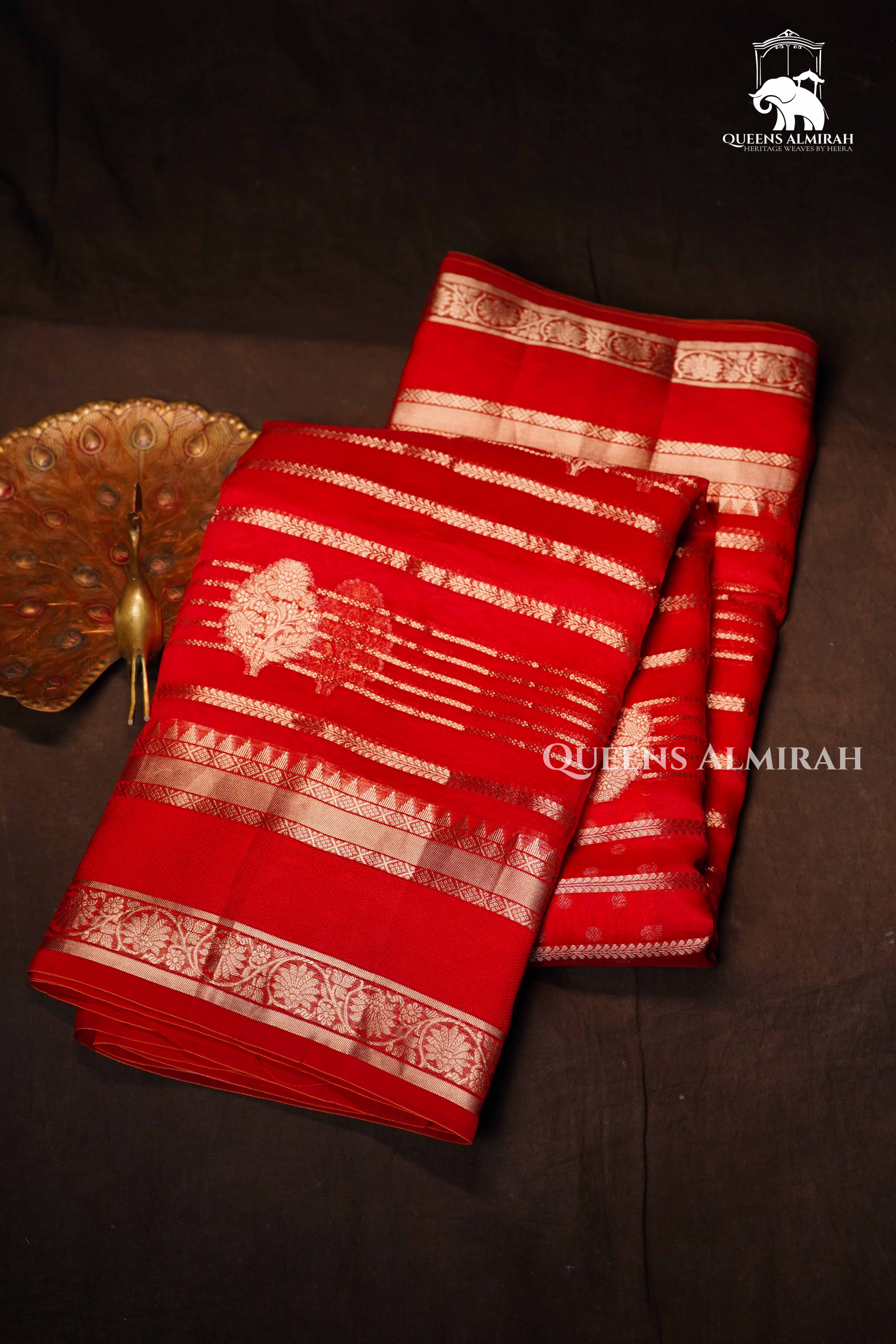 Red Kora Organza saree QUEENS ALMIRAH