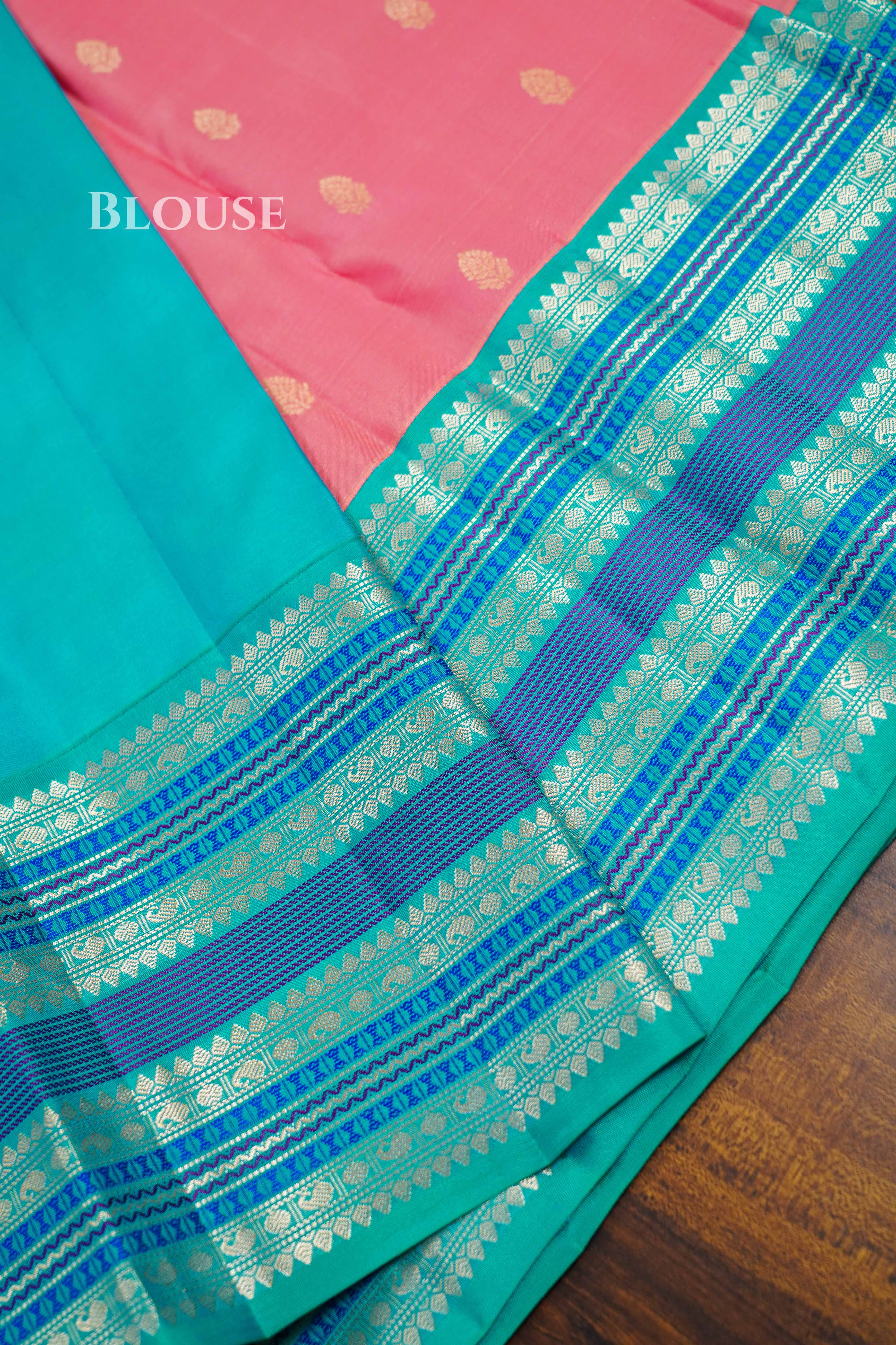 Rose Milk Pink With Blue Pure Kanchivaram Silk Saree QUEENS ALMIRAH