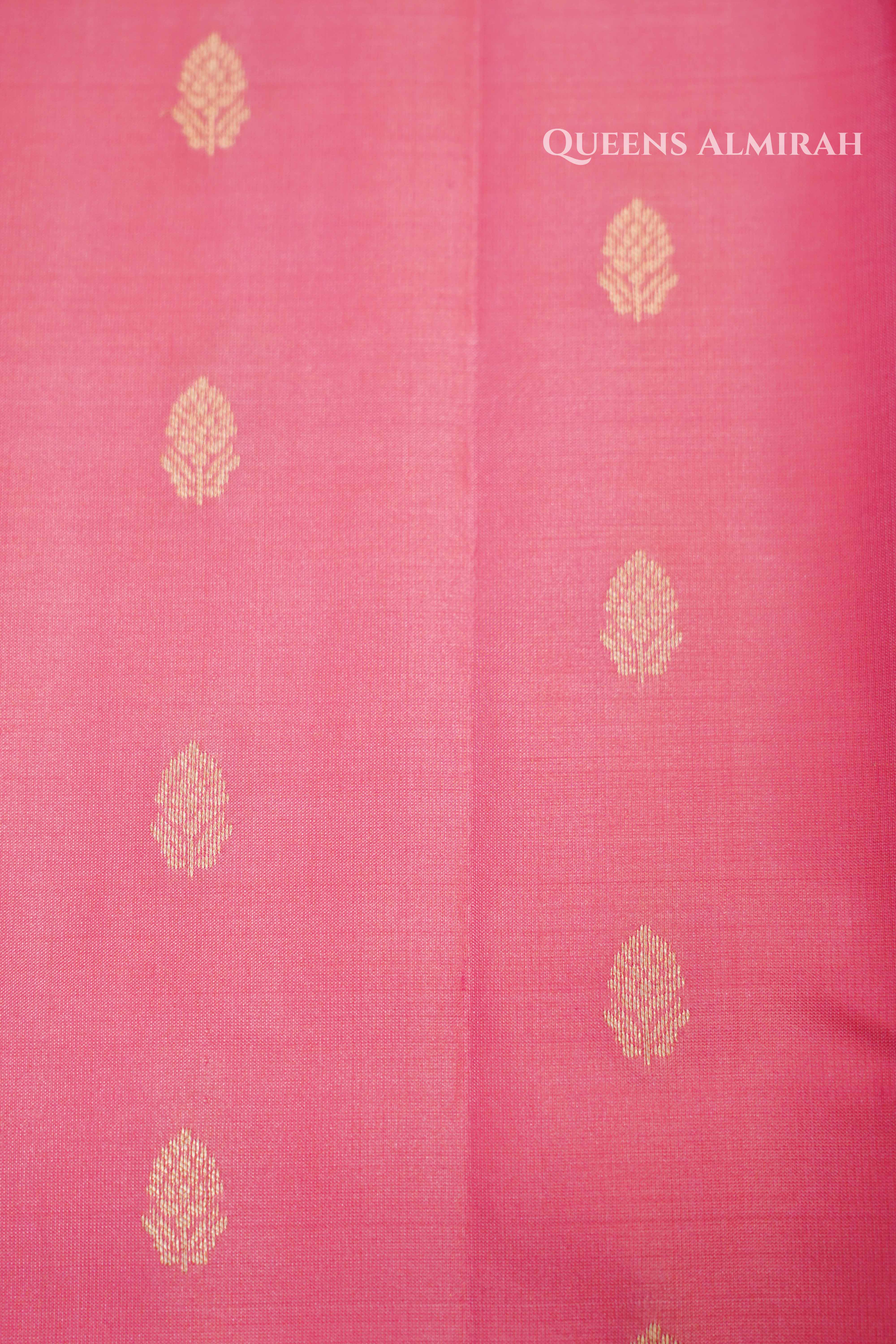 Rose Milk Pink With Blue Pure Kanchivaram Silk Saree QUEENS ALMIRAH
