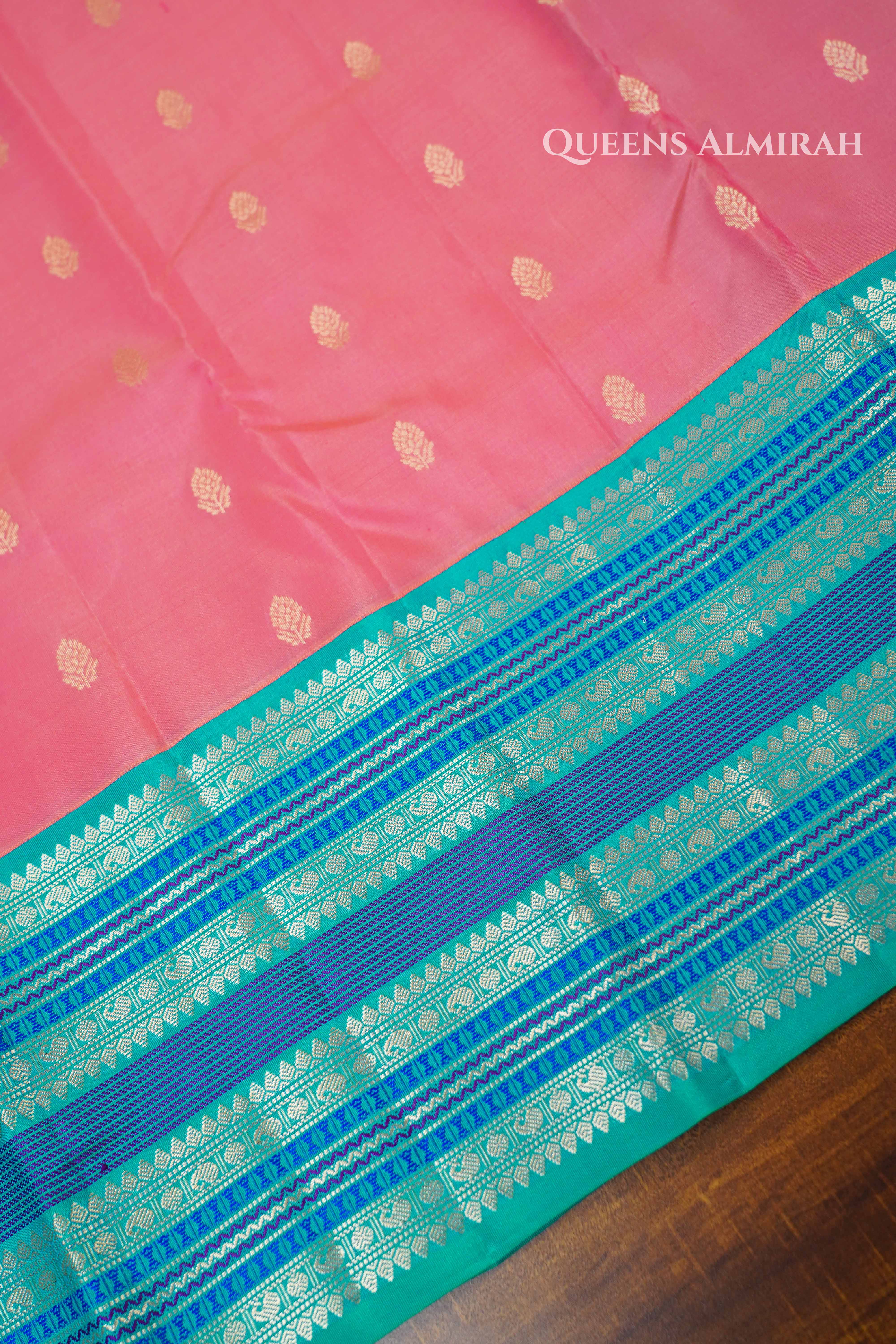 Rose Milk Pink With Blue Pure Kanchivaram Silk Saree QUEENS ALMIRAH