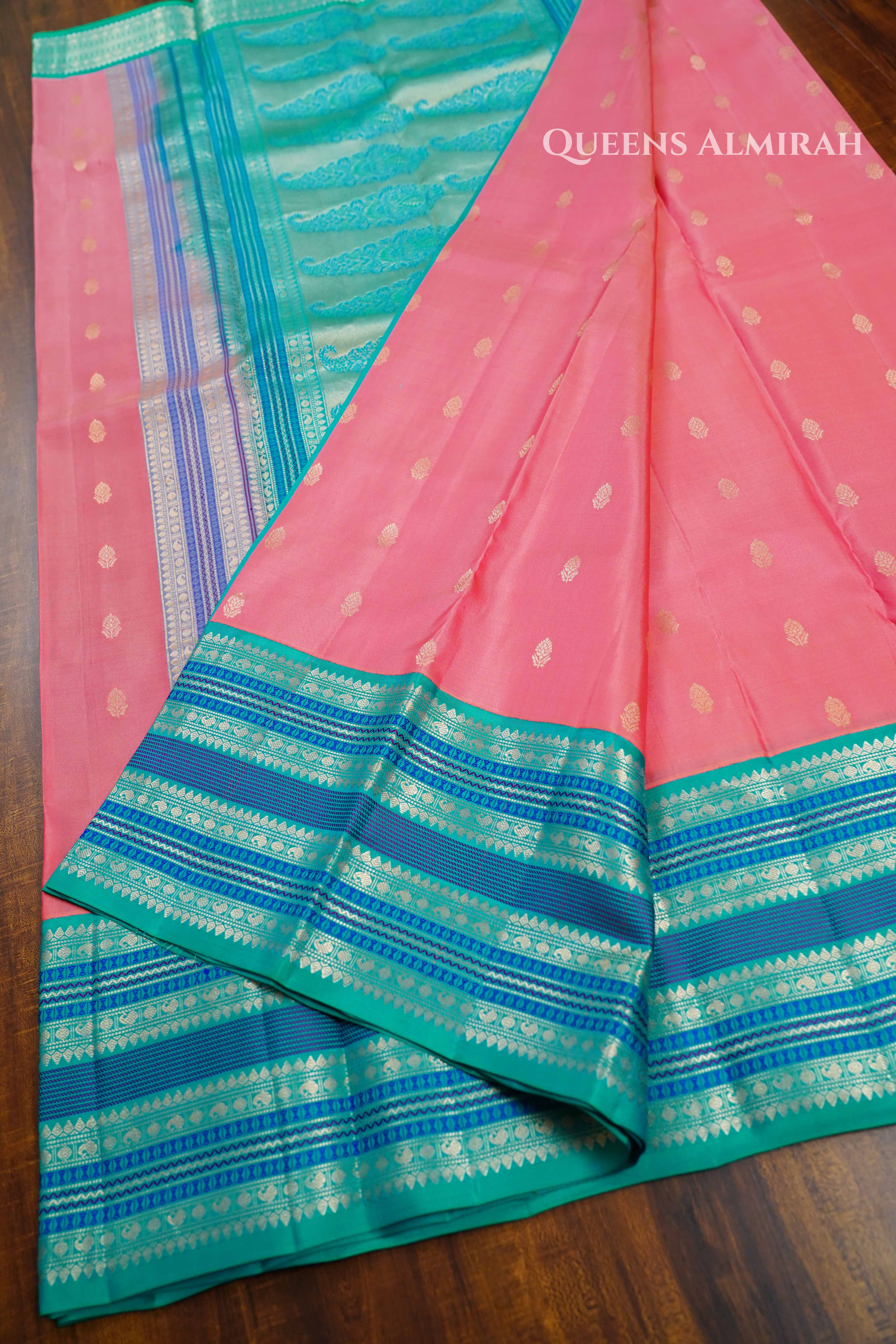 Rose Milk Pink With Blue Pure Kanchivaram Silk Saree QUEENS ALMIRAH