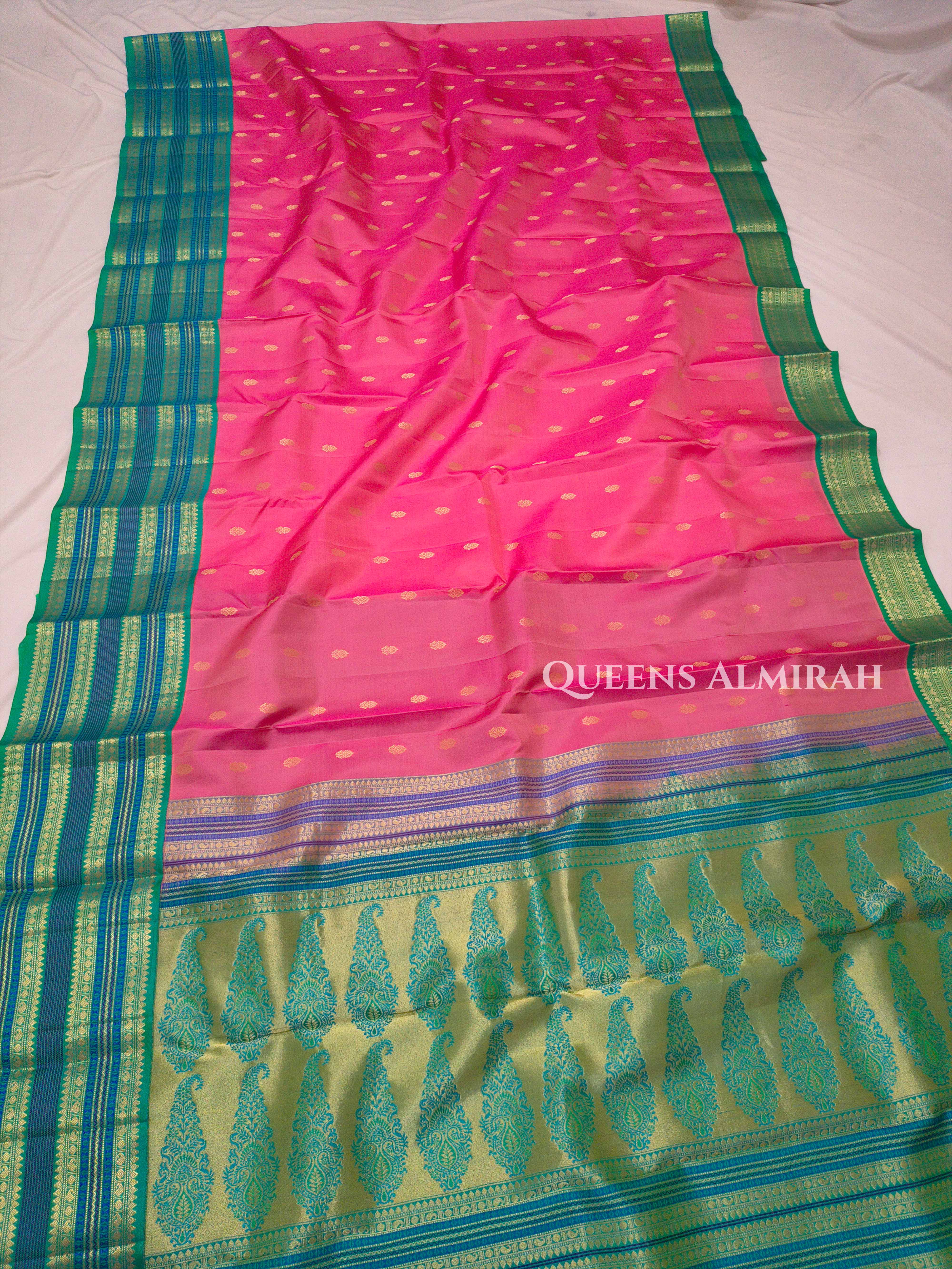 Rose Milk Pink With Blue Pure Kanchivaram Silk Saree QUEENS ALMIRAH