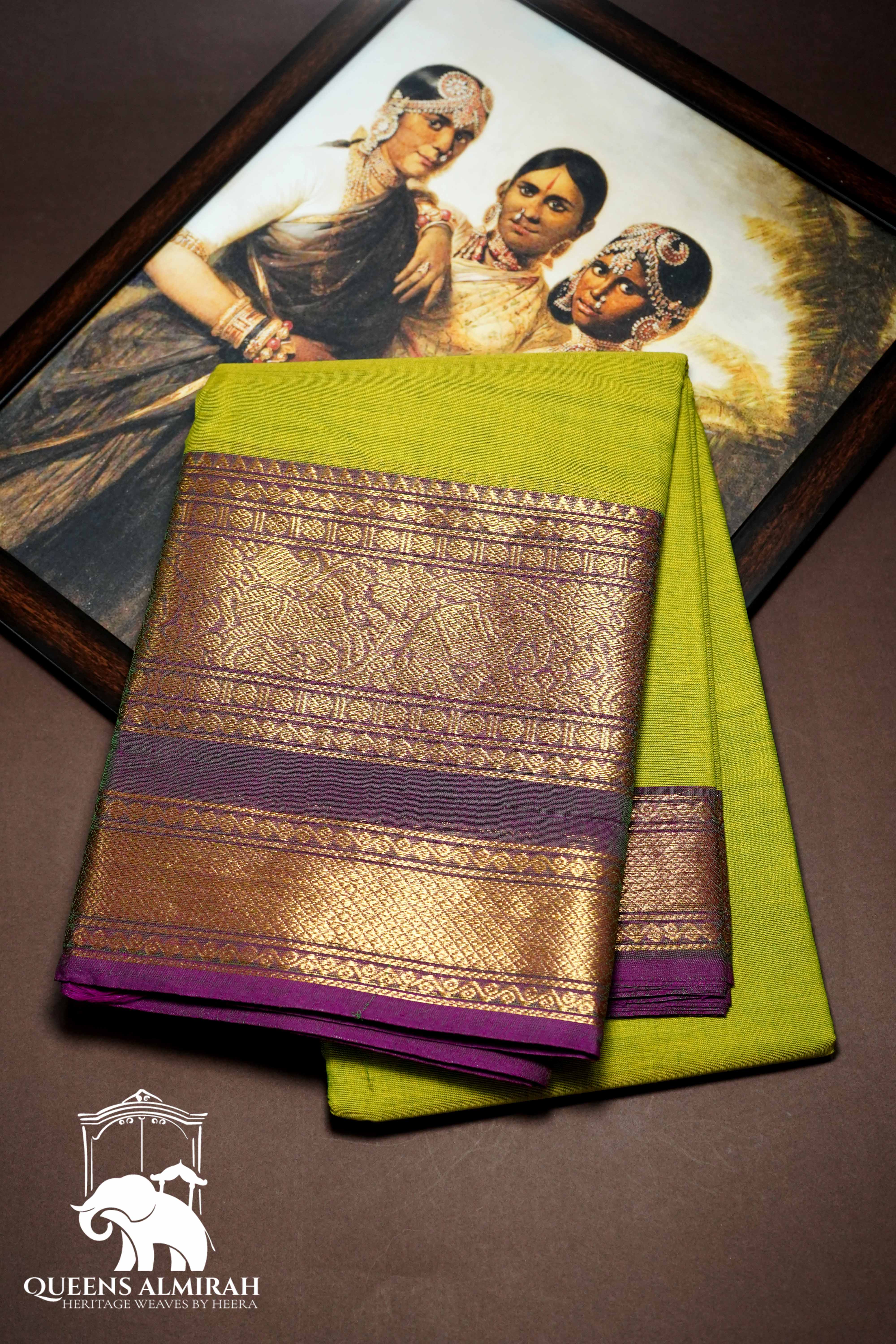 SALAD GREEN WITH GRAPE PURPLE KANCHI COTTON SAREE - Queens Jewel Emporium