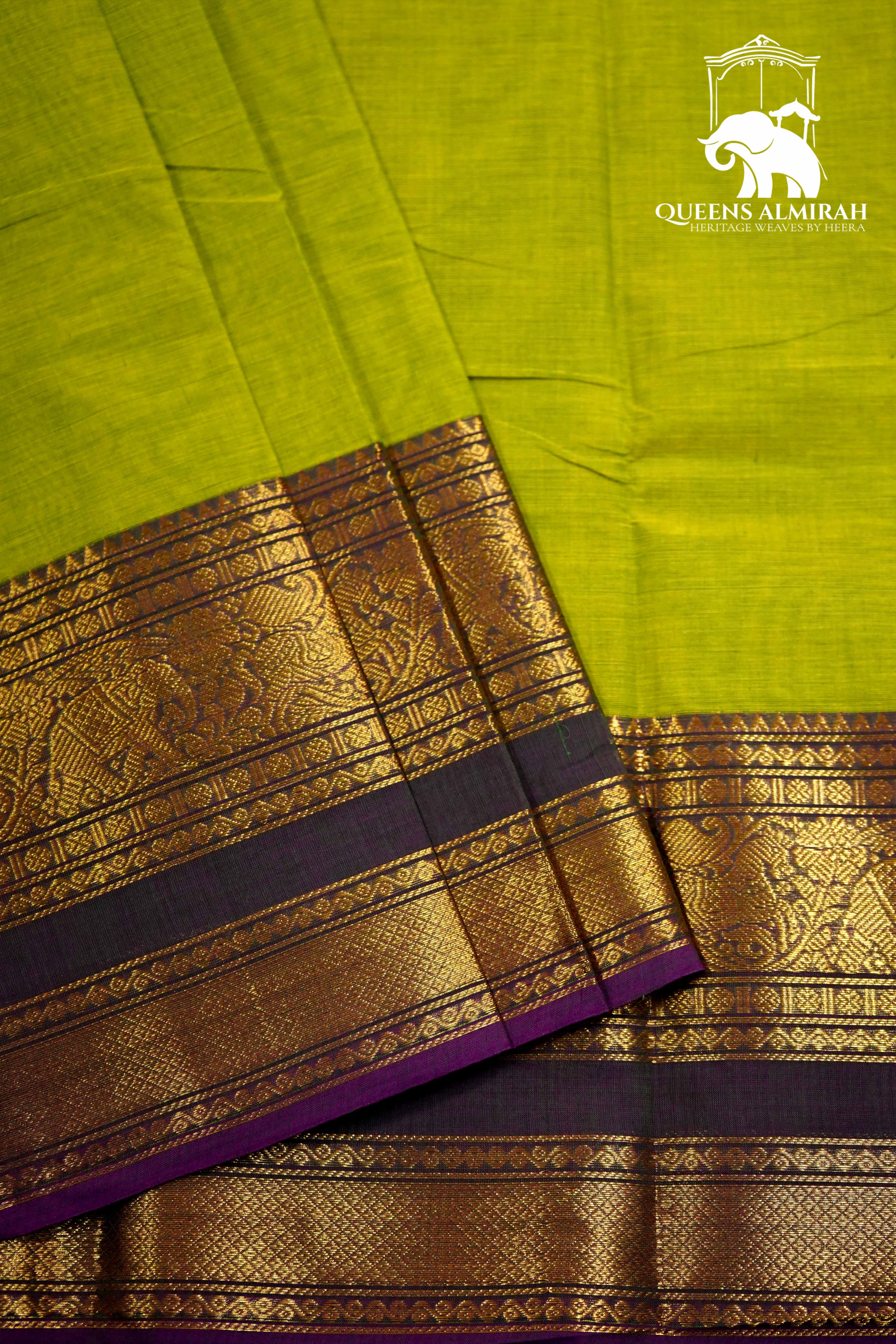 SALAD GREEN WITH GRAPE PURPLE KANCHI COTTON SAREE - Queens Jewel Emporium