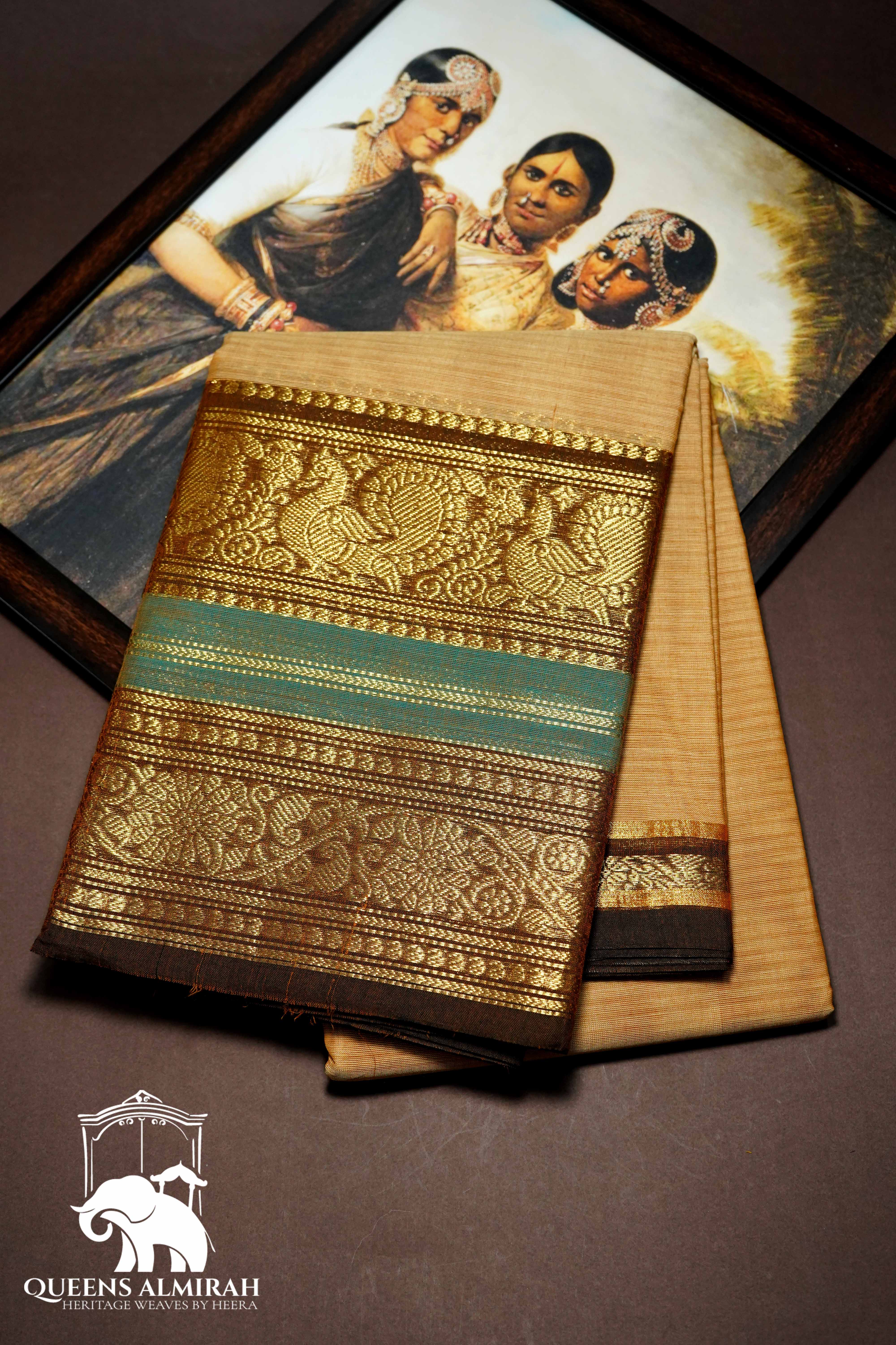 SAND BROWN WITH WOODY BROWN KANCHI COTTON SAREE - Queens Jewel Emporium