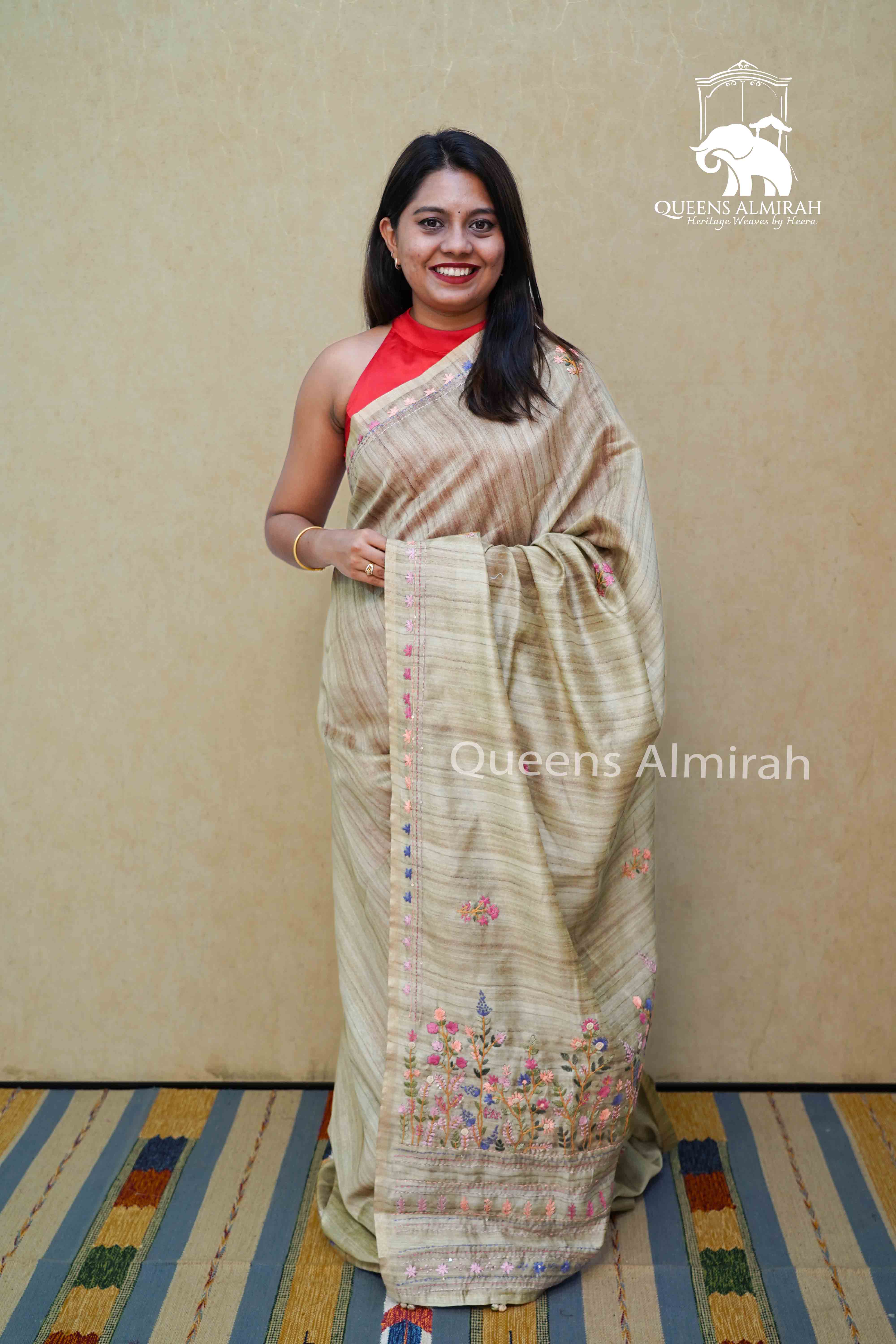 SANDY BROWN TUSSAR CHANDERI SAREE - Queens Jewel Emporium
