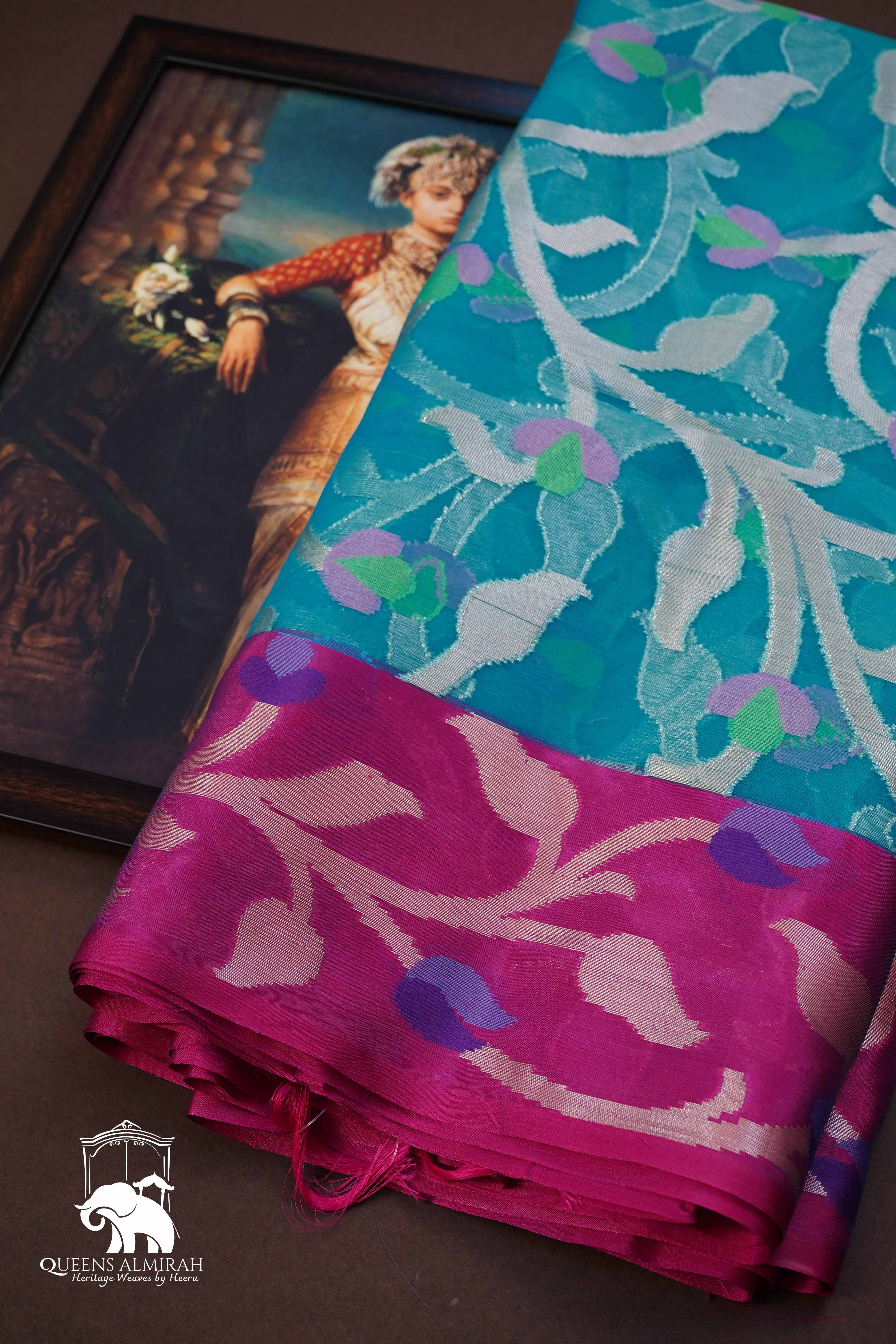 SEA BLUE WITH PINK MUSLIN JAMDANI SAREE - Queens Jewel Emporium