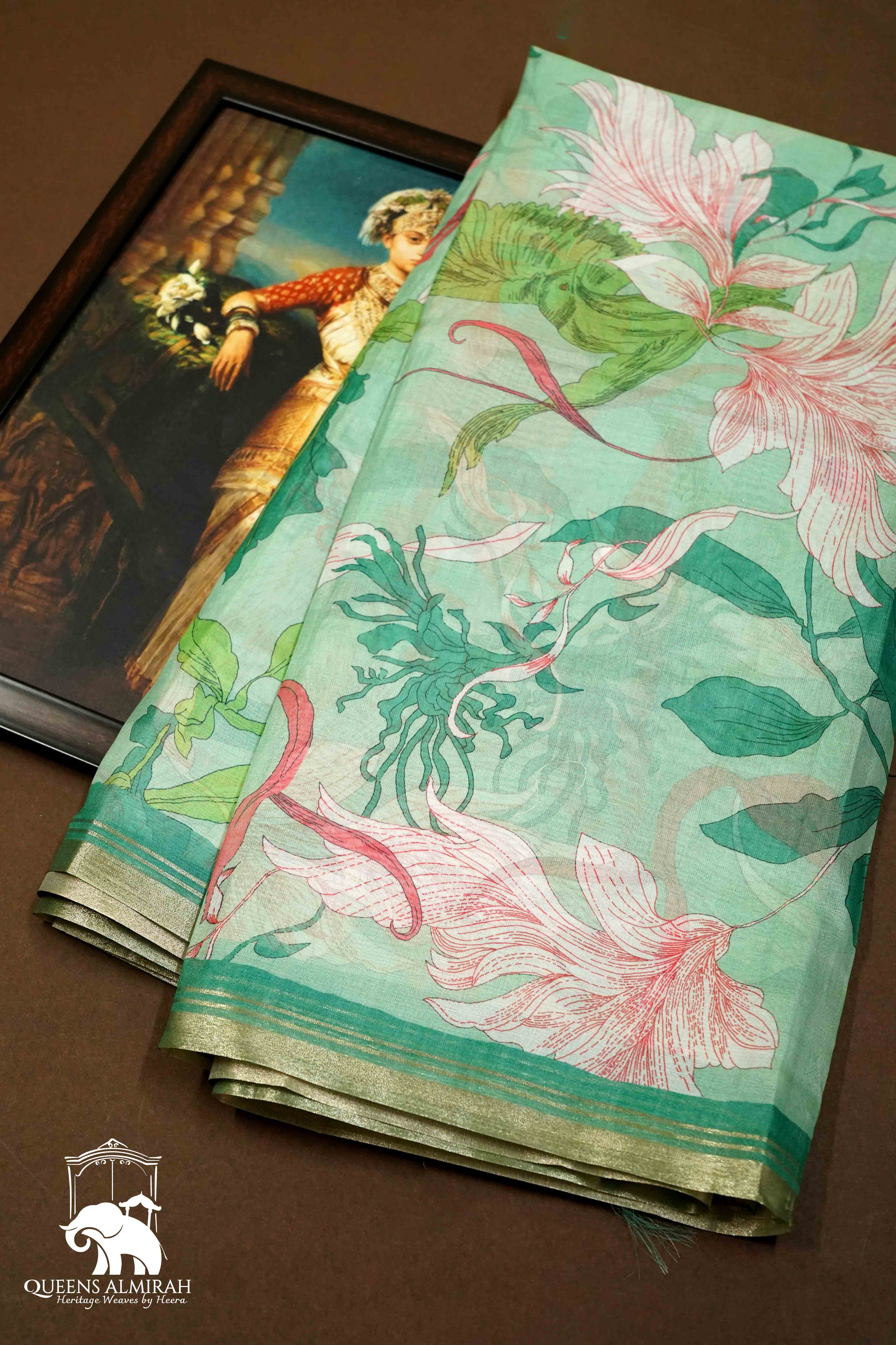 SEA GREEN PRINTED ORGANZA SAREE - Queens Jewel Emporium