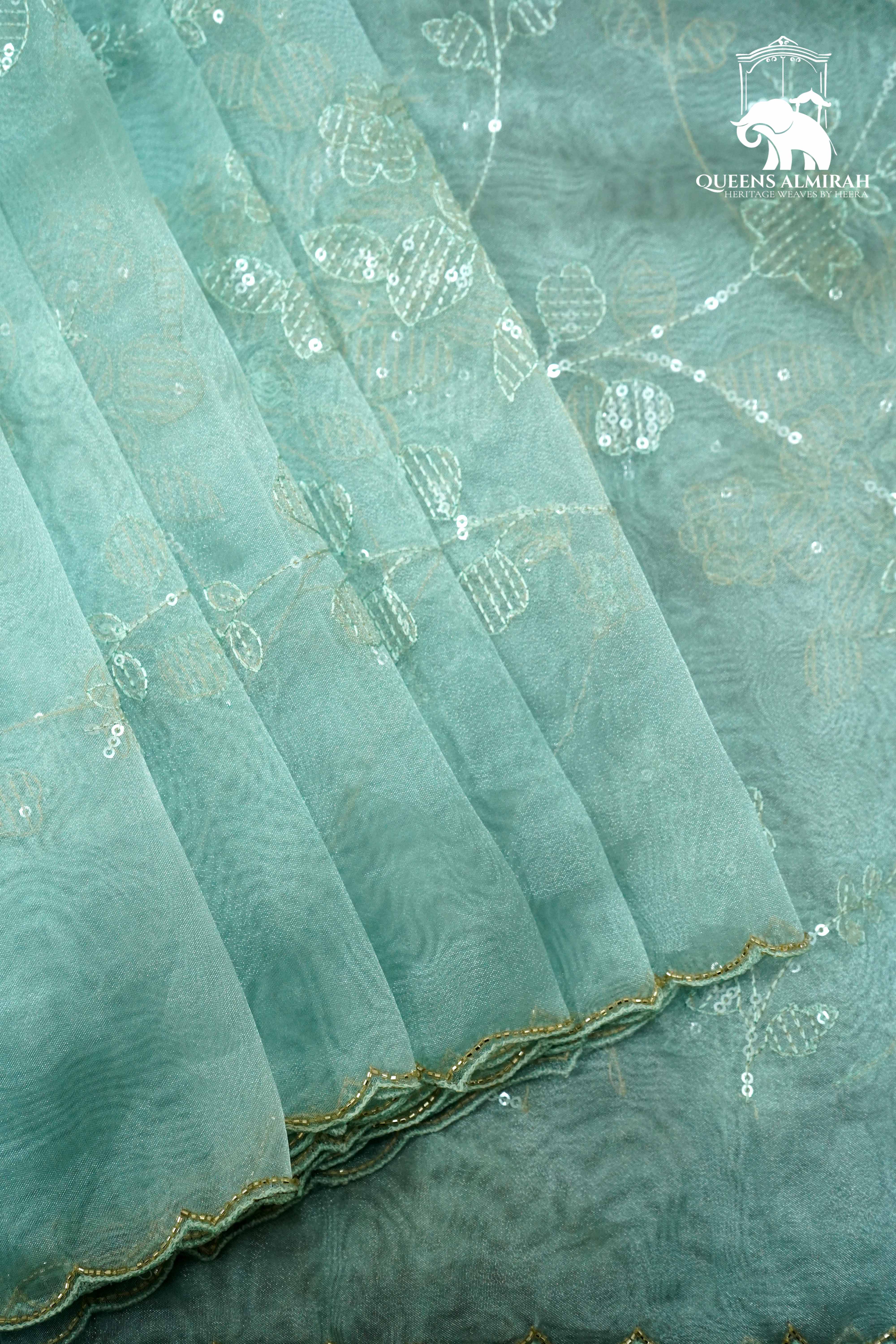 SEAFOAM GREEN WITH SCALLOP BORDER ORGANZA SAREE - Queens Jewel Emporium
