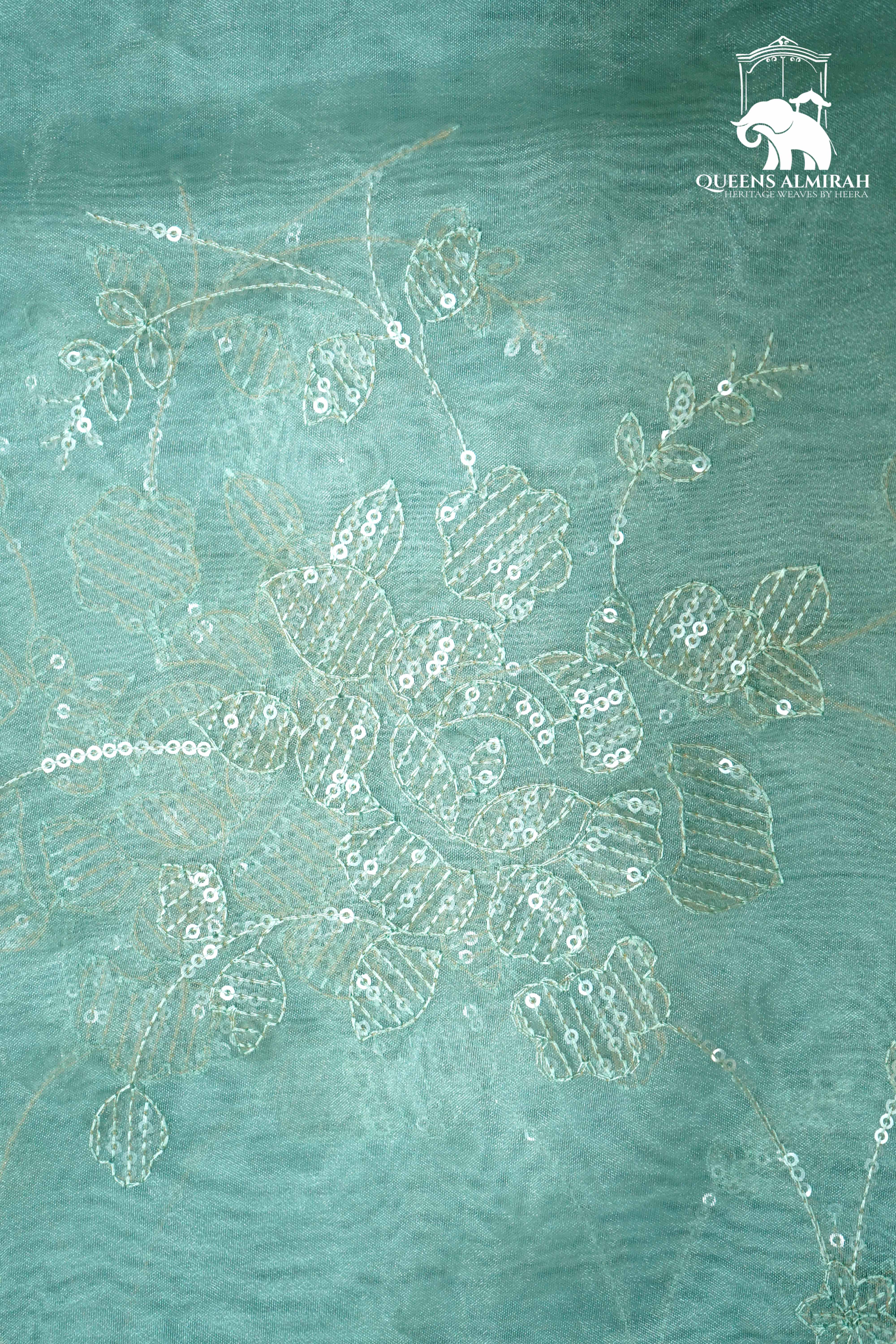 SEAFOAM GREEN WITH SCALLOP BORDER ORGANZA SAREE - Queens Jewel Emporium