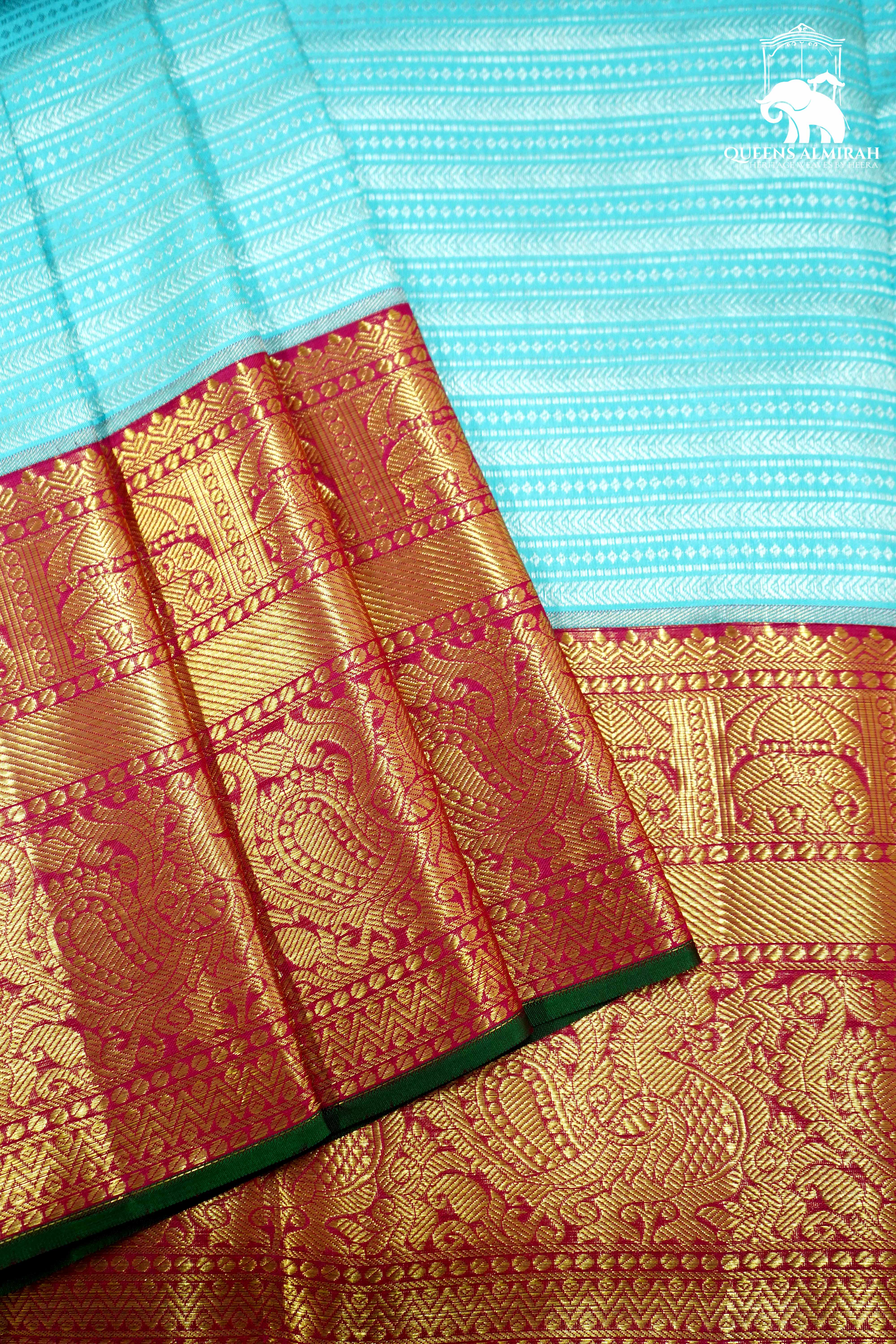 SKY BLUE WITH ROYAL PINK KANCHIVARAM SILK SAREE - Queens Jewel Emporium