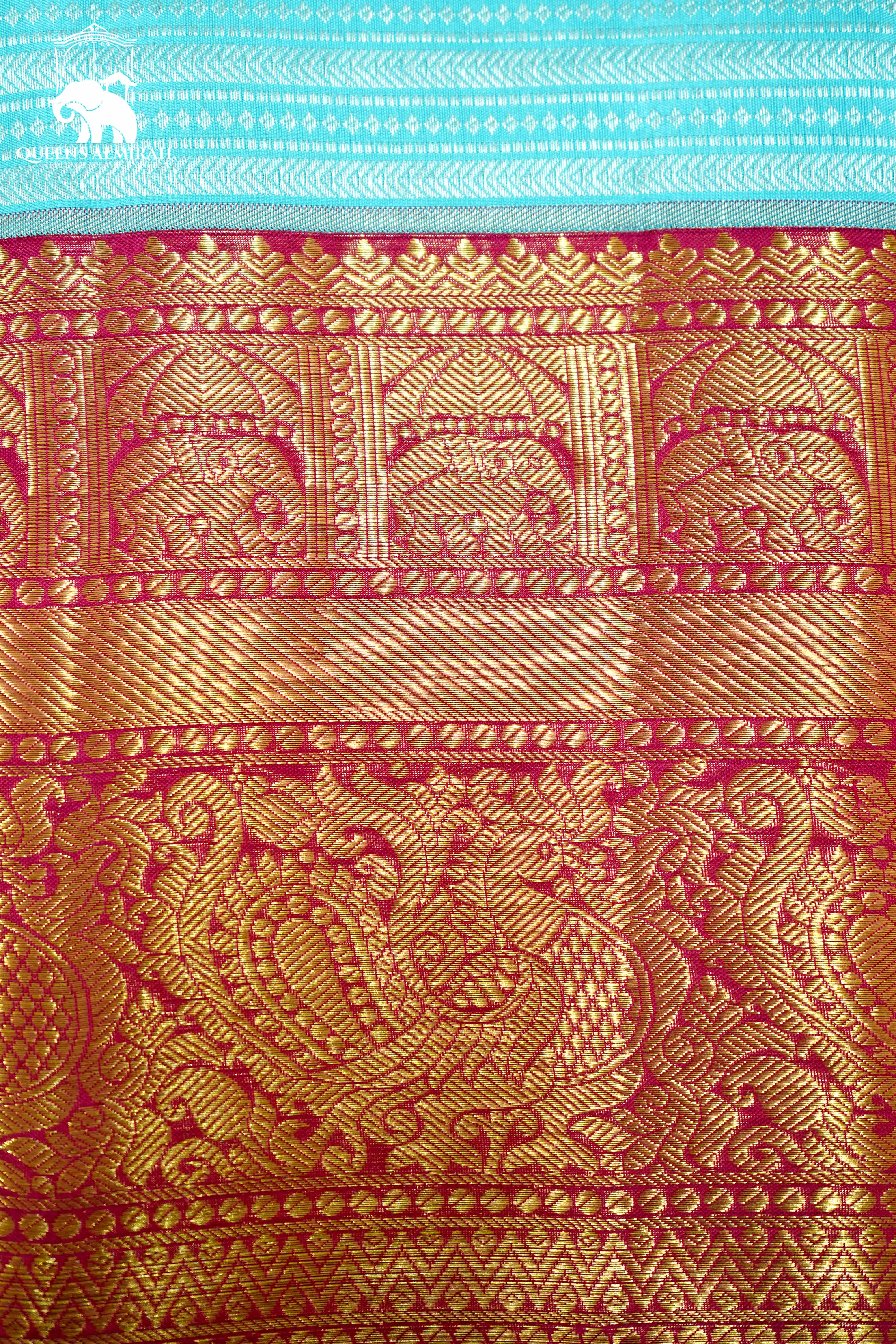 SKY BLUE WITH ROYAL PINK KANCHIVARAM SILK SAREE - Queens Jewel Emporium