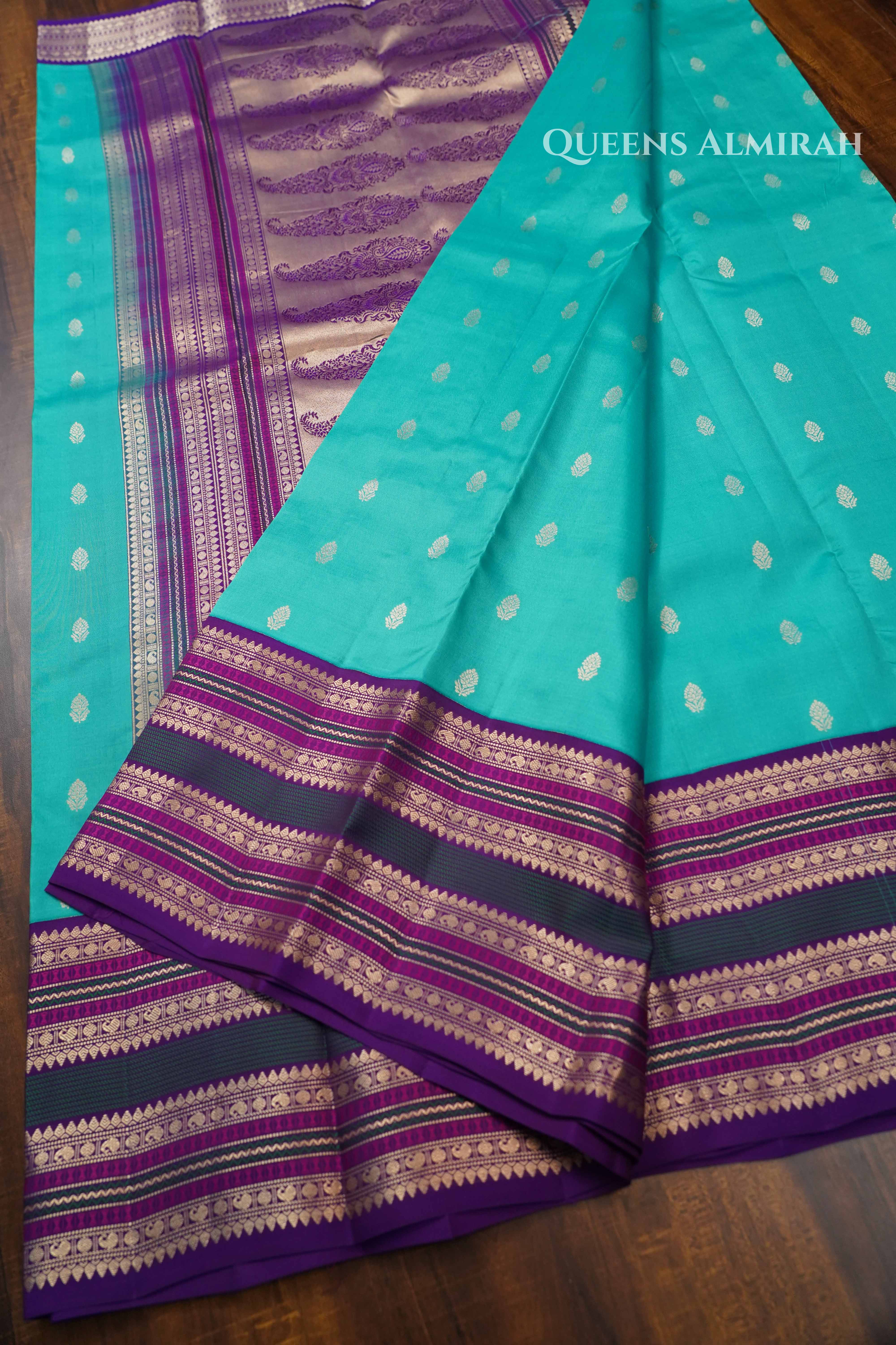 Sea Blue Pure Kanchivaram Silk Saree QUEENS ALMIRAH