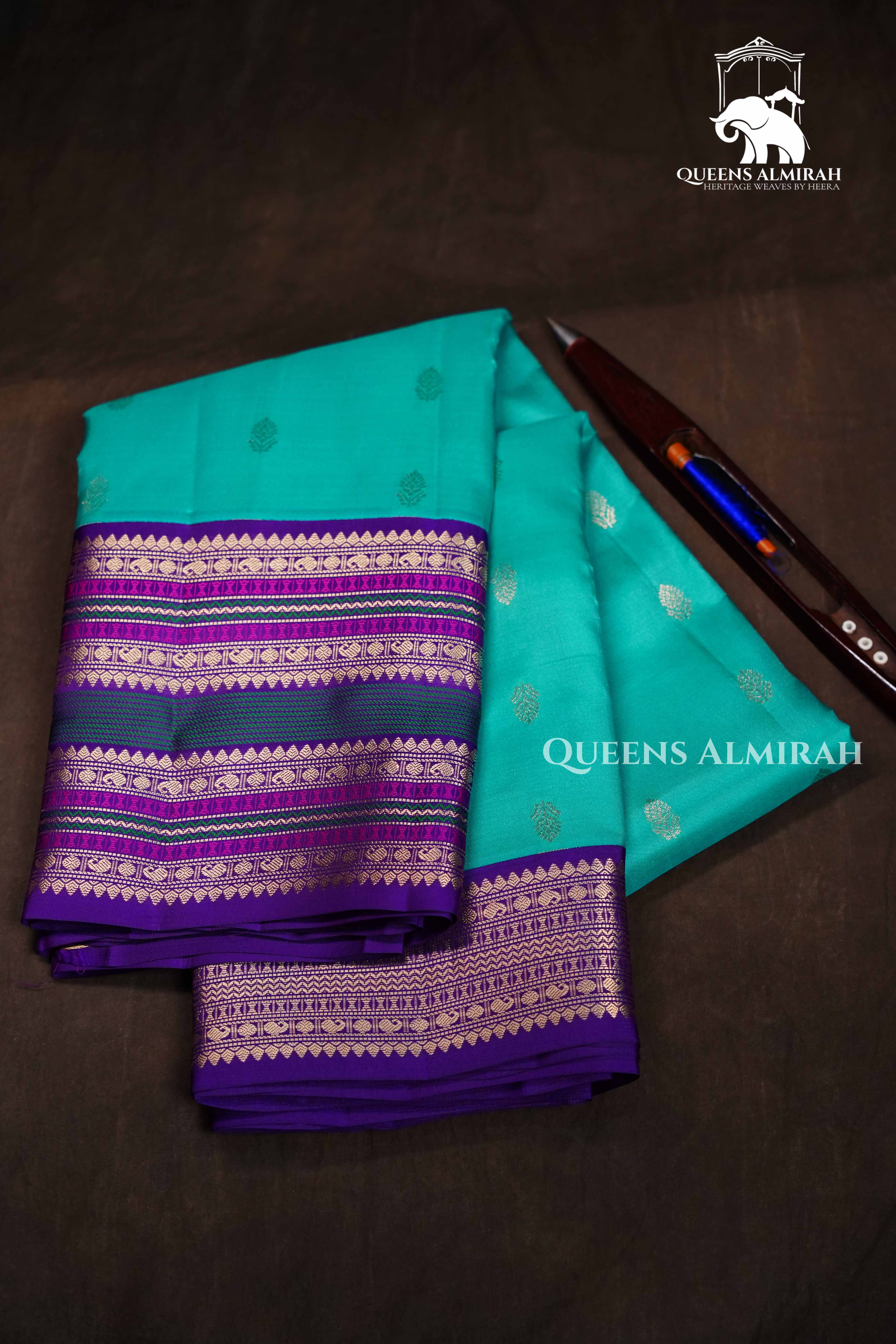 Sea Blue Pure Kanchivaram Silk Saree QUEENS ALMIRAH