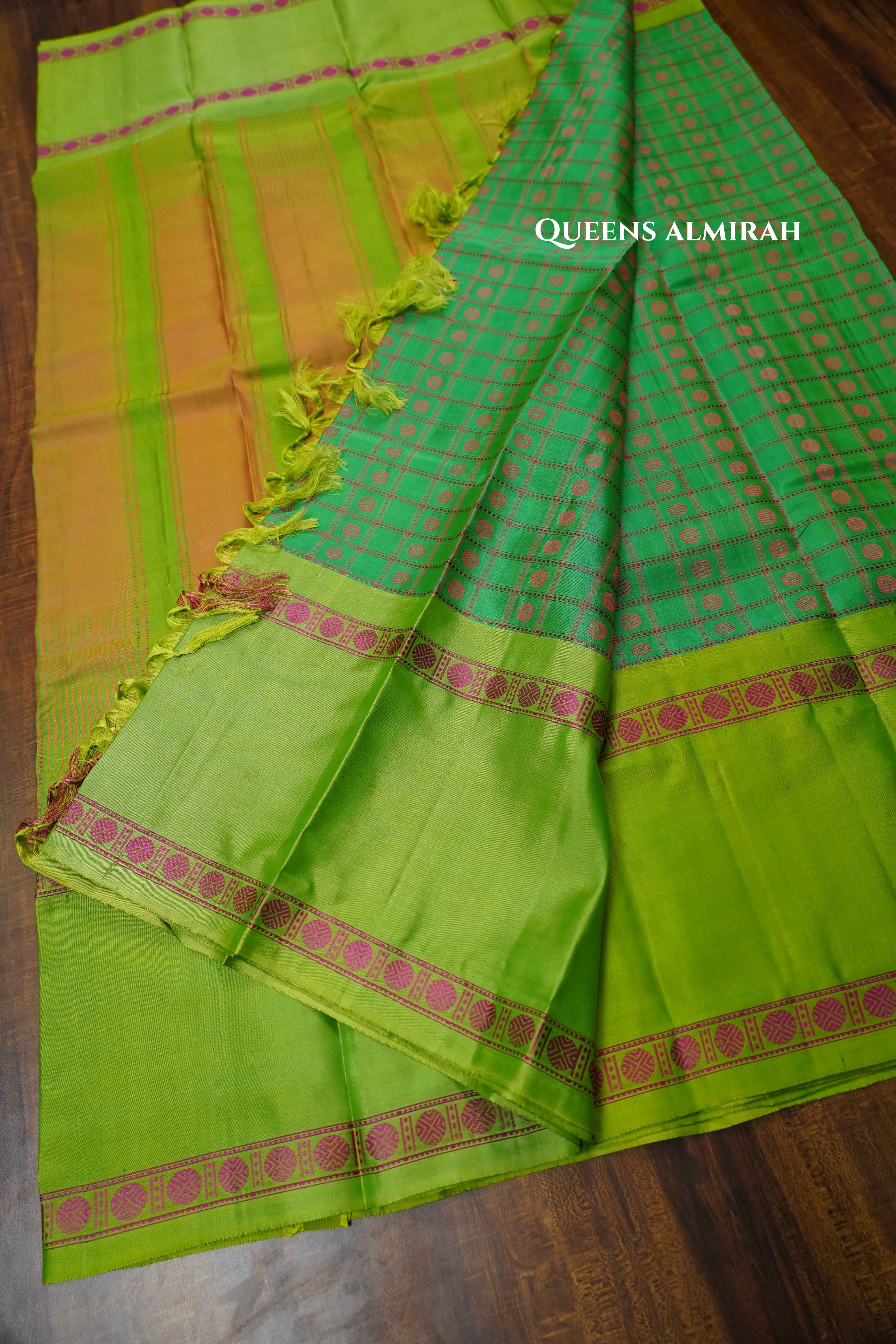 Sea Green With Parrot Green Pure Kanchivaram silk saree QUEENS ALMIRAH