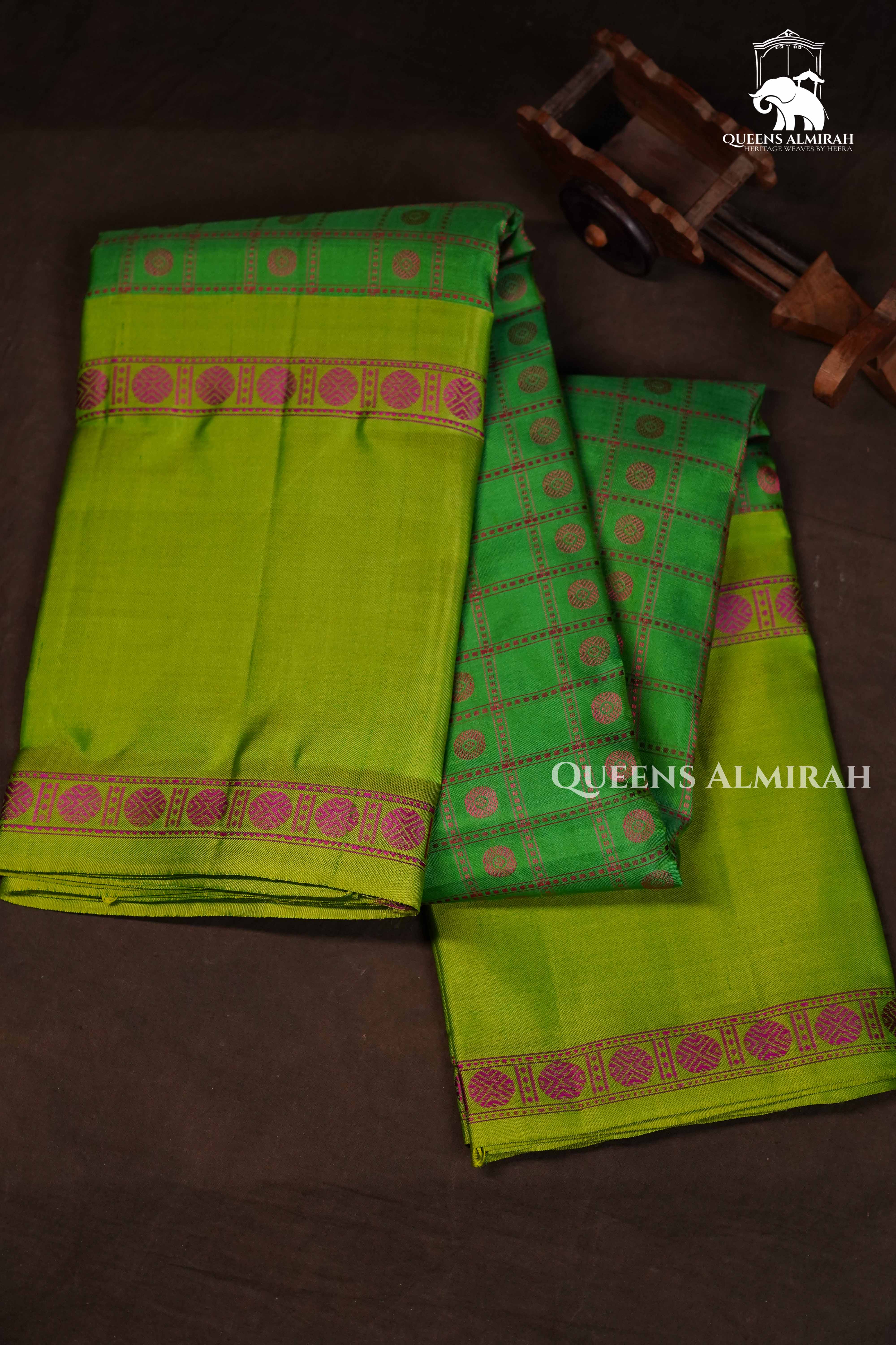 Sea Green With Parrot Green Pure Kanchivaram silk saree QUEENS ALMIRAH