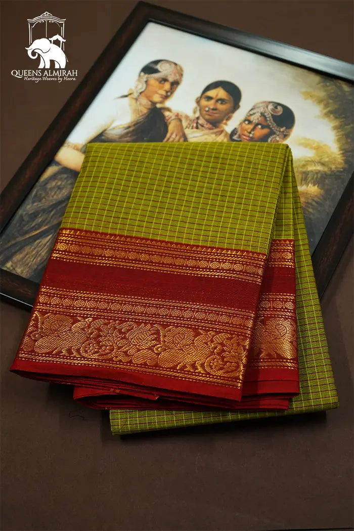 TAN GREEN WITH LIGHT MAROON KANCHI COTTON SAREE - Queens Jewel Emporium