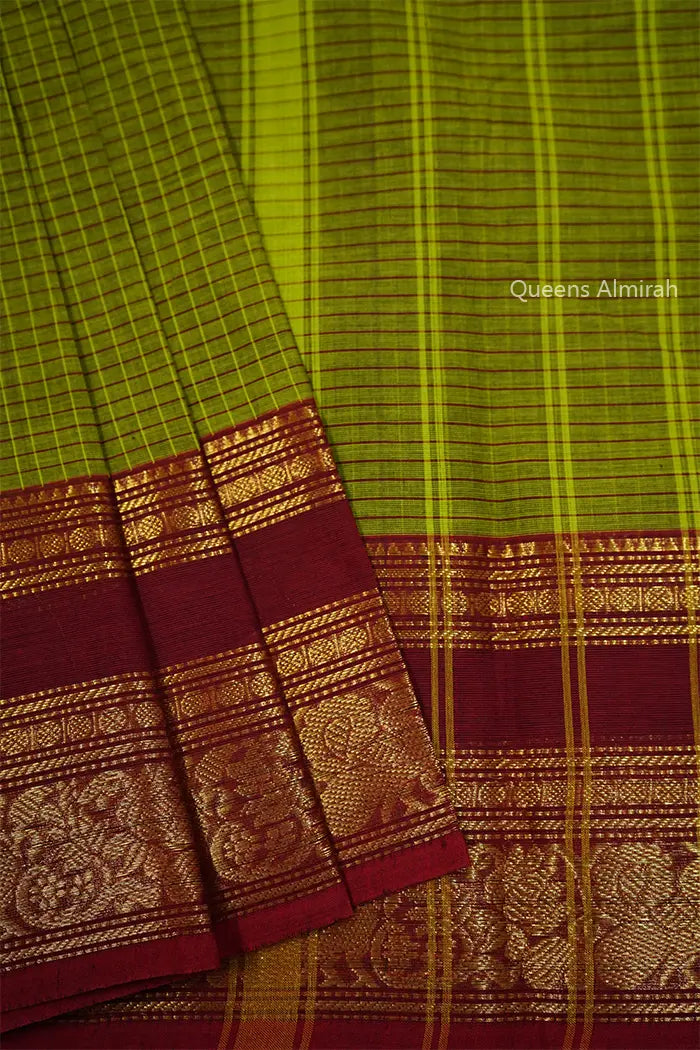 TAN GREEN WITH LIGHT MAROON KANCHI COTTON SAREE - Queens Jewel Emporium