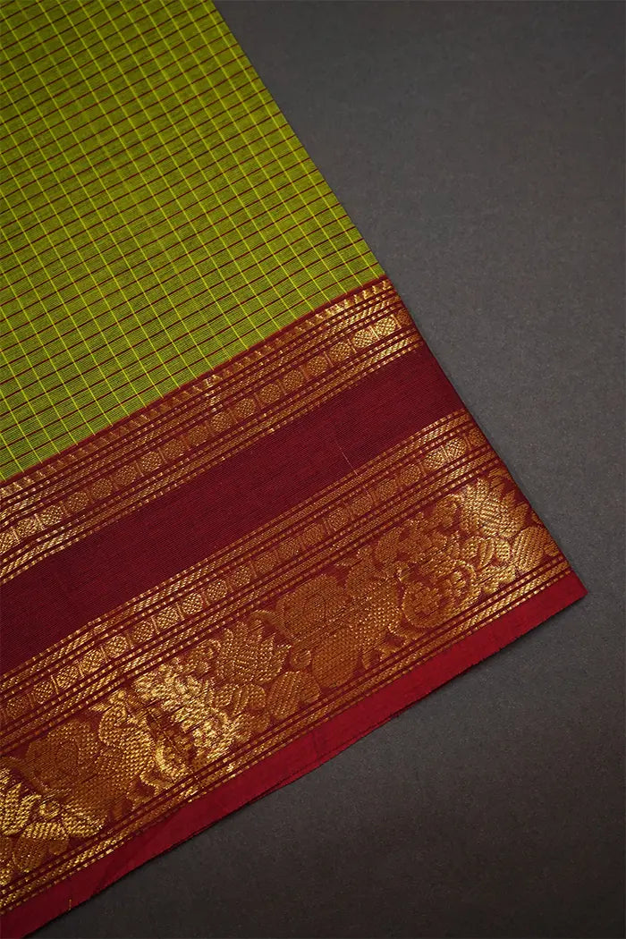 TAN GREEN WITH LIGHT MAROON KANCHI COTTON SAREE - Queens Jewel Emporium