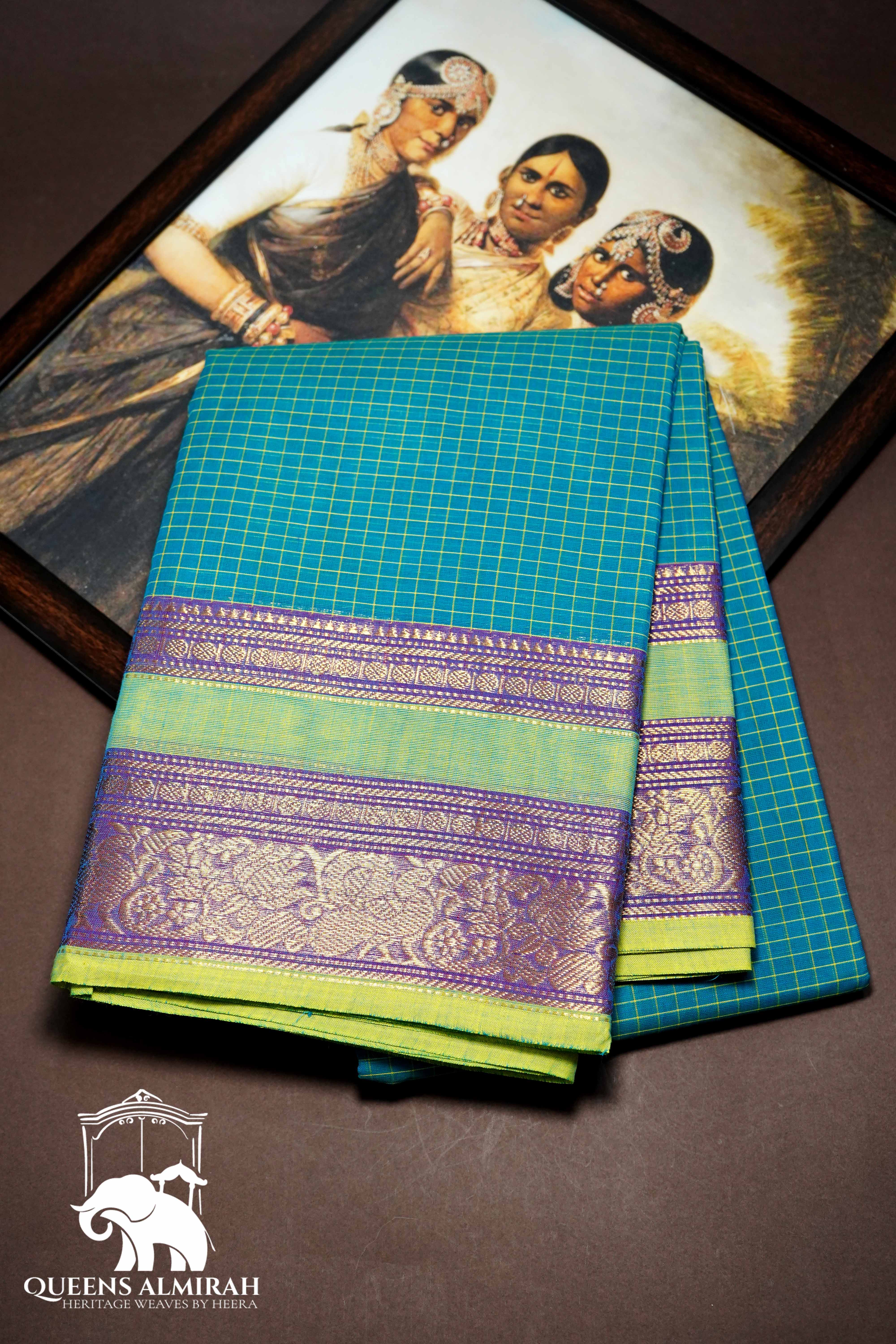 TEAL BLUE WITH PALE OLIVE GREEN KANCHI COTTON SAREE - Queens Jewel Emporium