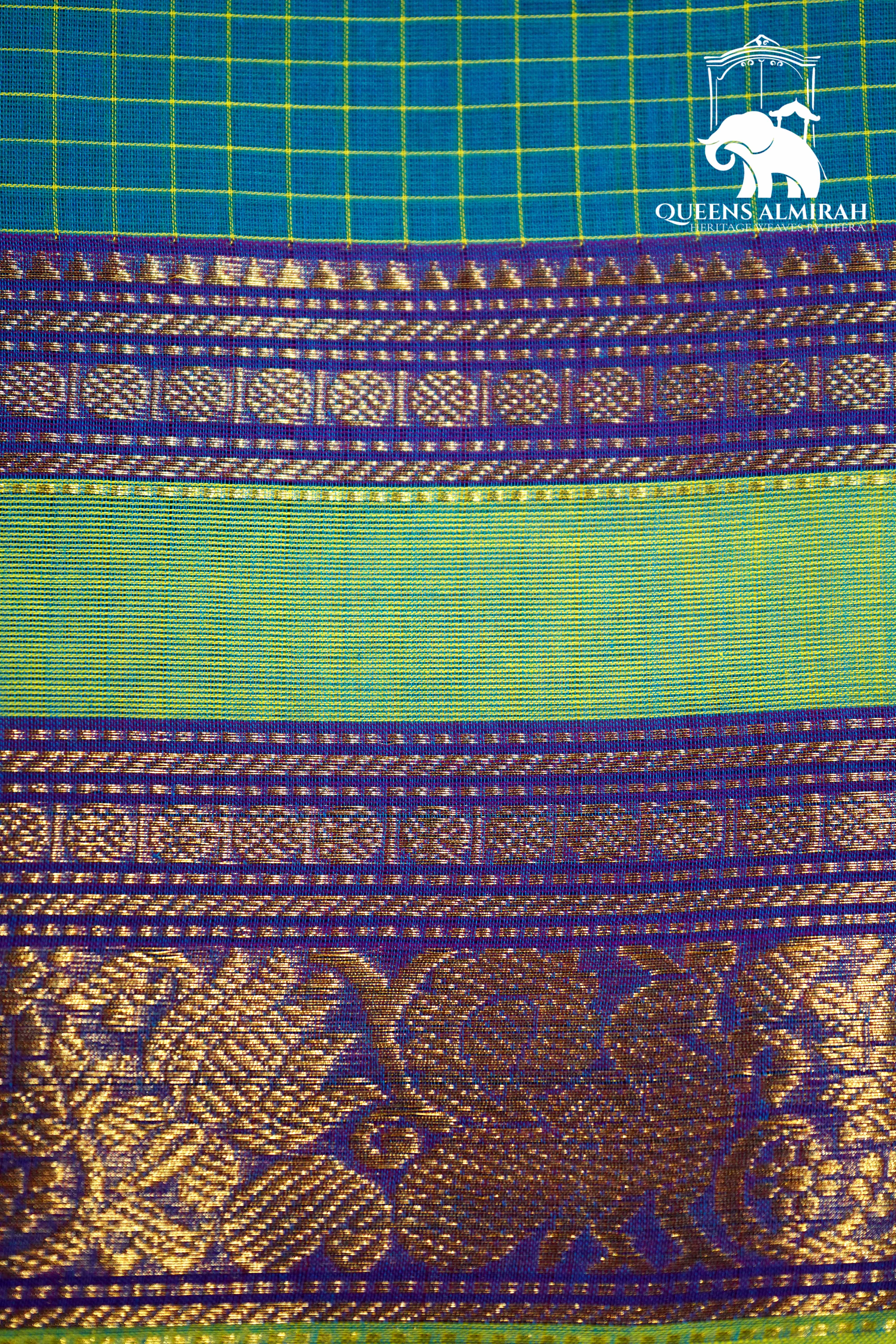 TEAL BLUE WITH PALE OLIVE GREEN KANCHI COTTON SAREE - Queens Jewel Emporium