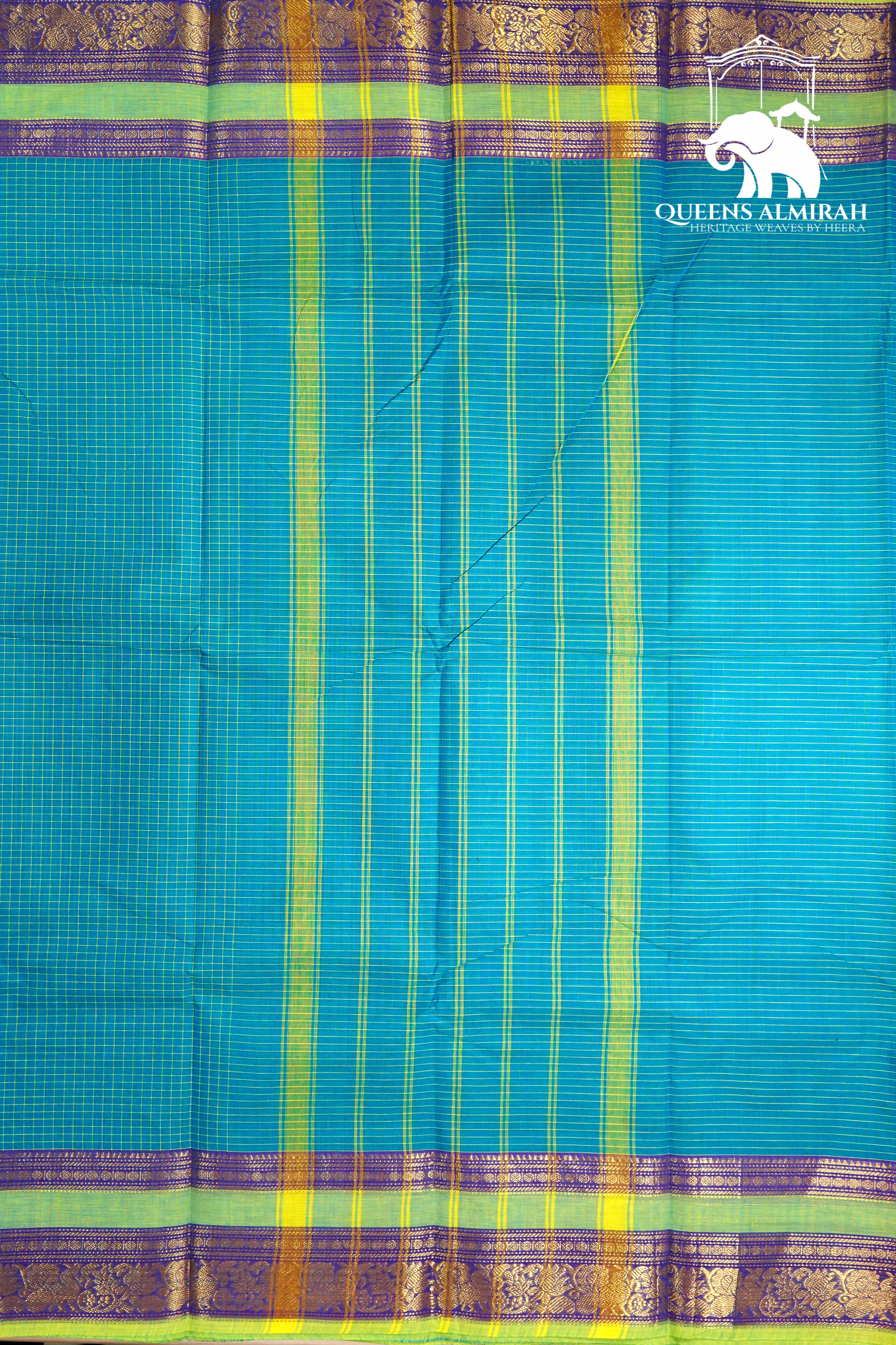 TEAL BLUE WITH PALE OLIVE GREEN KANCHI COTTON SAREE - Queens Jewel Emporium