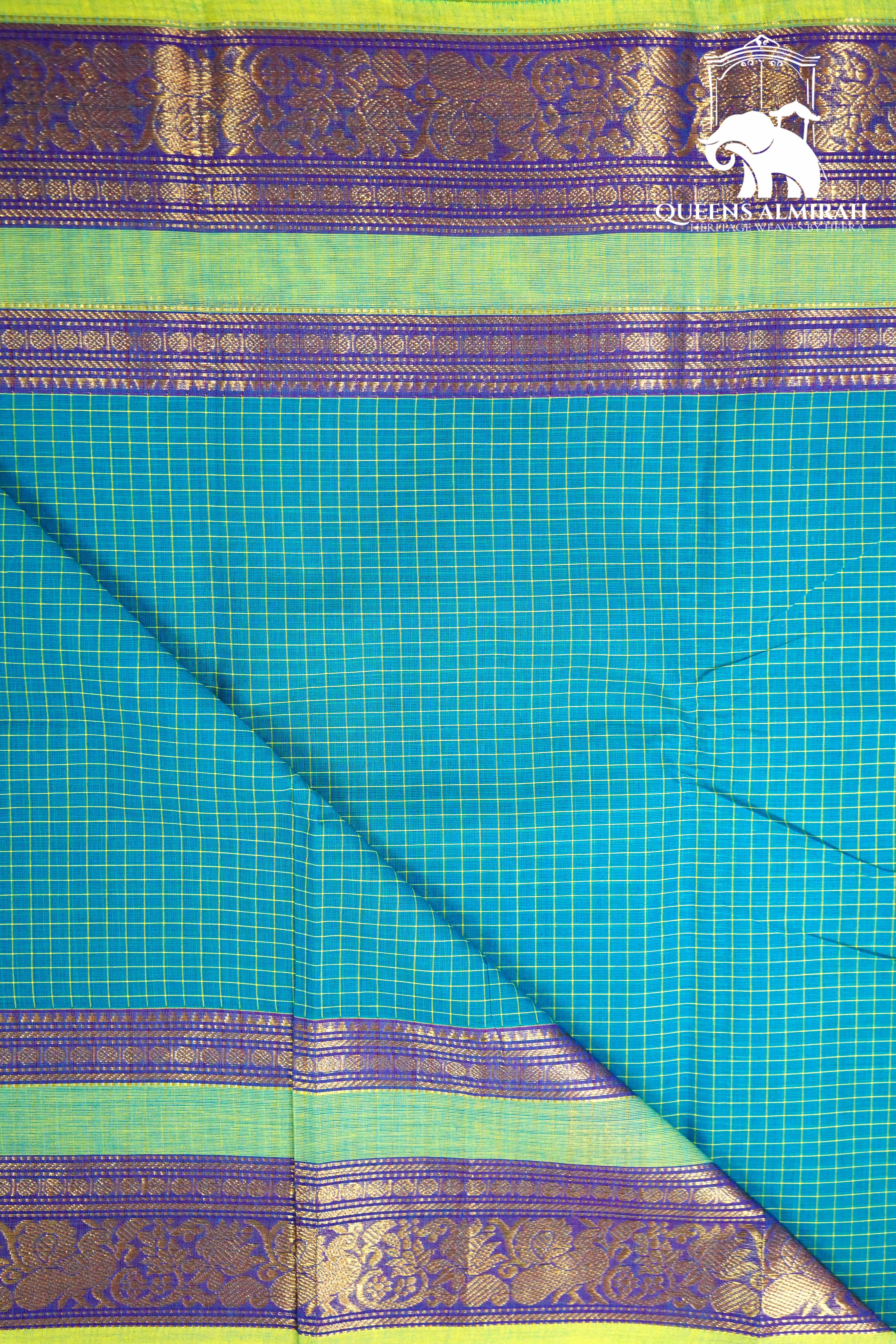 TEAL BLUE WITH PALE OLIVE GREEN KANCHI COTTON SAREE - Queens Jewel Emporium
