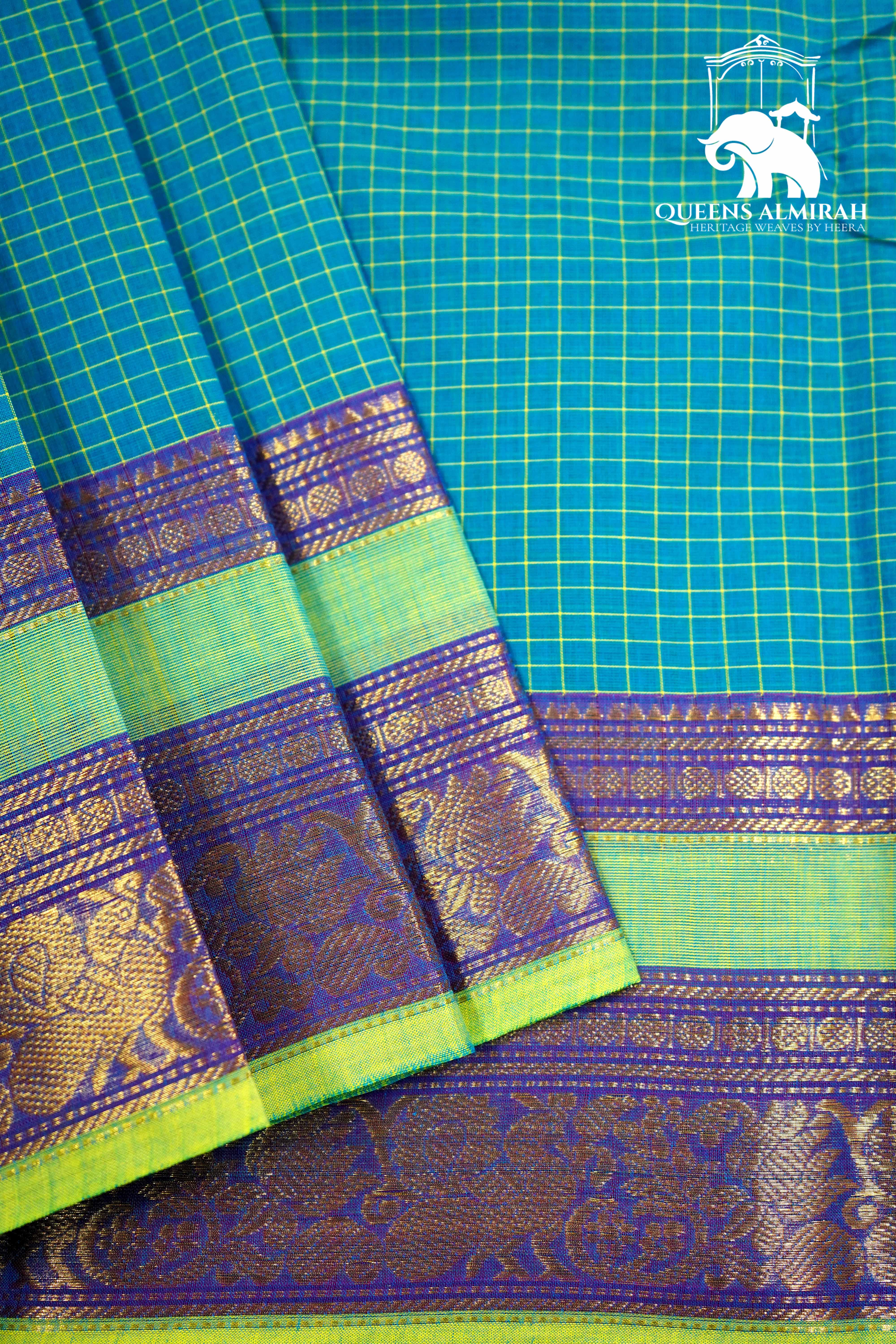 TEAL BLUE WITH PALE OLIVE GREEN KANCHI COTTON SAREE - Queens Jewel Emporium