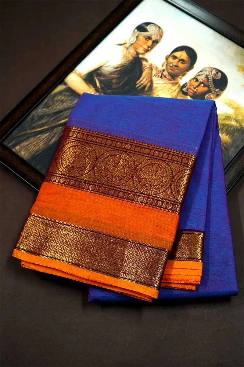 TEALISH BLUE WITH REDDISH ORANGE KANCHI COTTON SAREE - Queens Jewel Emporium