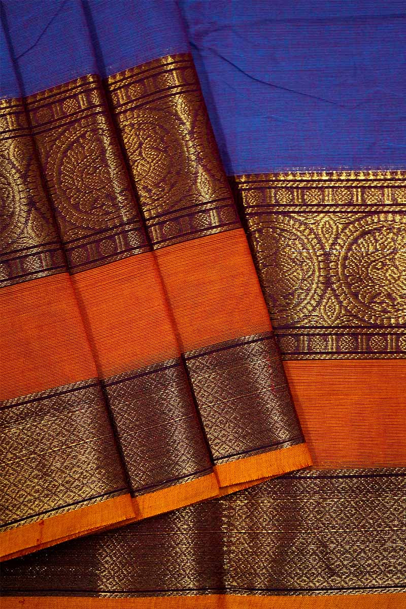 TEALISH BLUE WITH REDDISH ORANGE KANCHI COTTON SAREE - Queens Jewel Emporium