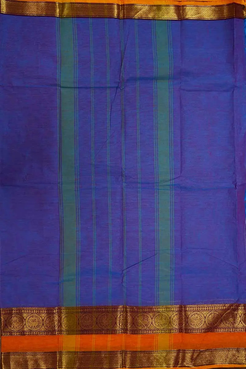 TEALISH BLUE WITH REDDISH ORANGE KANCHI COTTON SAREE - Queens Jewel Emporium