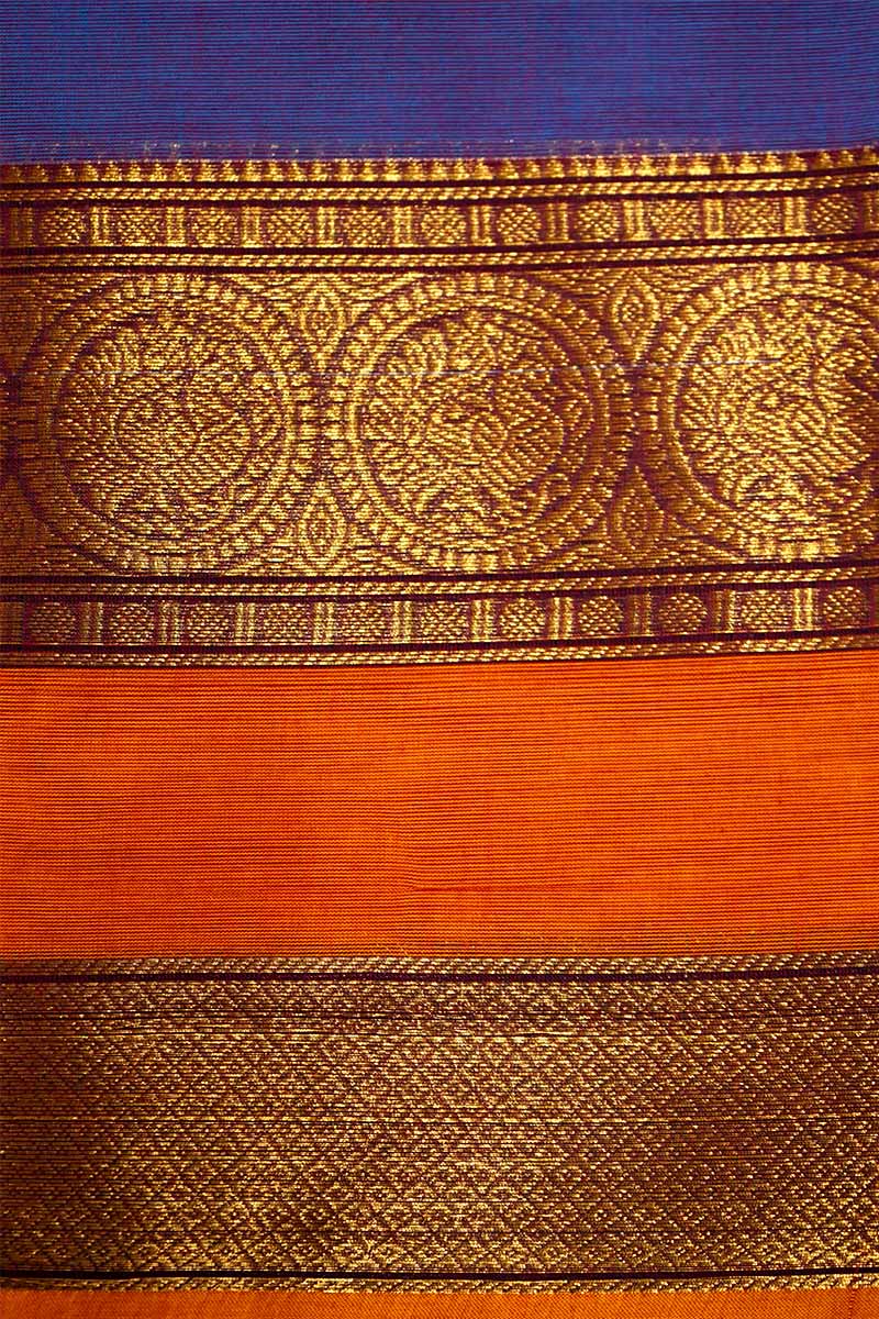 TEALISH BLUE WITH REDDISH ORANGE KANCHI COTTON SAREE - Queens Jewel Emporium