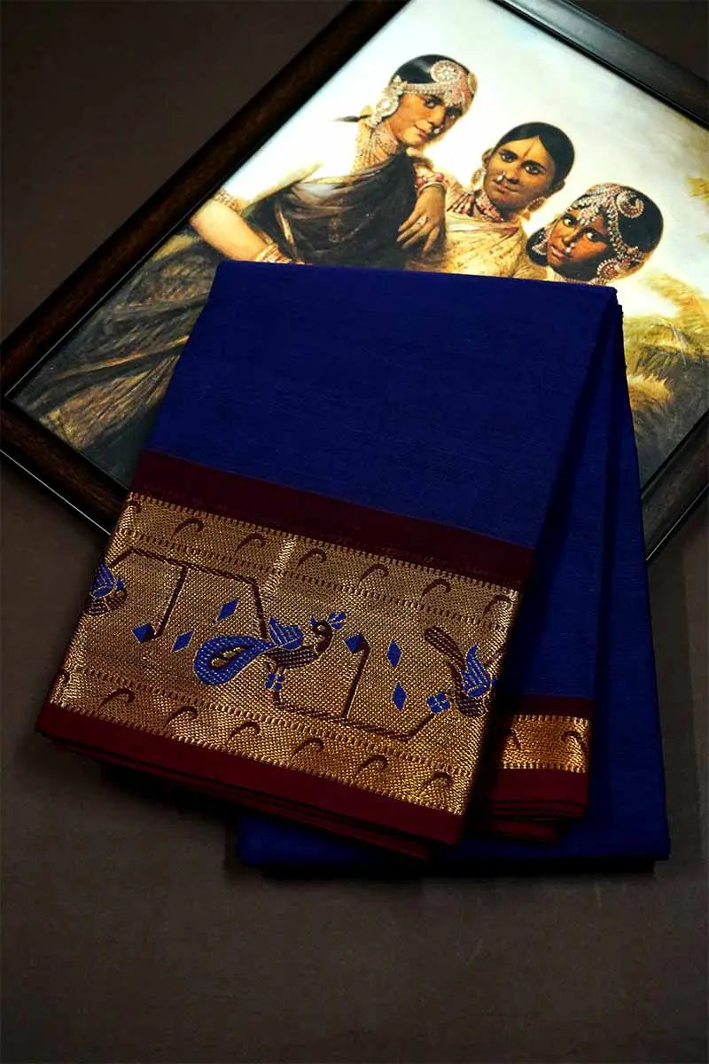 VIBRABT BLUE WITH DEEP BROWN KANCHI COTTON SAREE - Queens Jewel Emporium