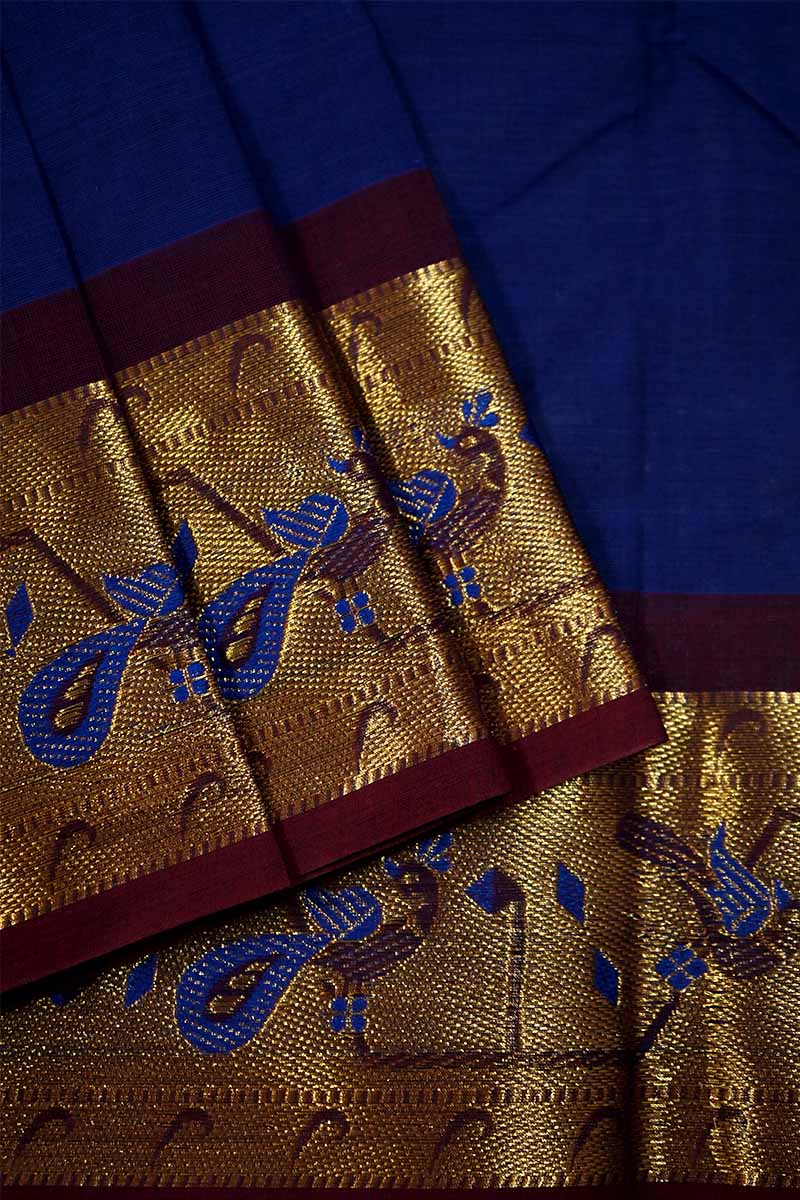 VIBRABT BLUE WITH DEEP BROWN KANCHI COTTON SAREE - Queens Jewel Emporium
