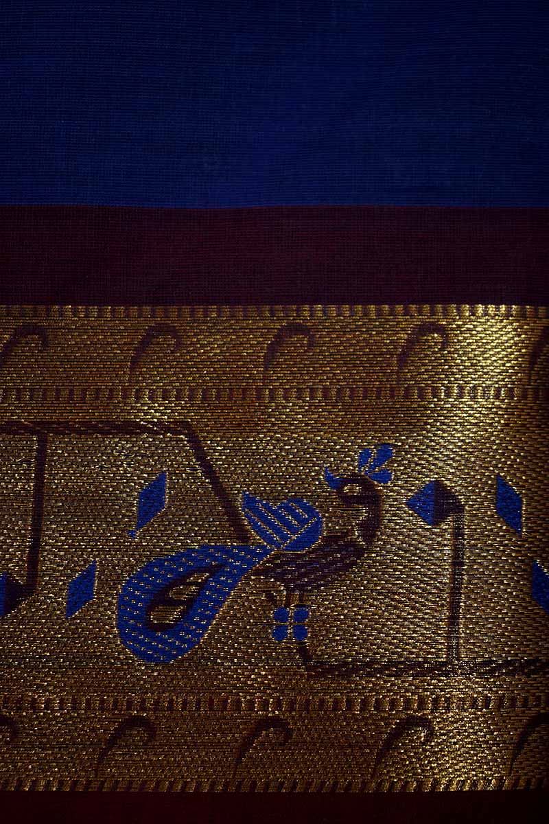 VIBRABT BLUE WITH DEEP BROWN KANCHI COTTON SAREE - Queens Jewel Emporium