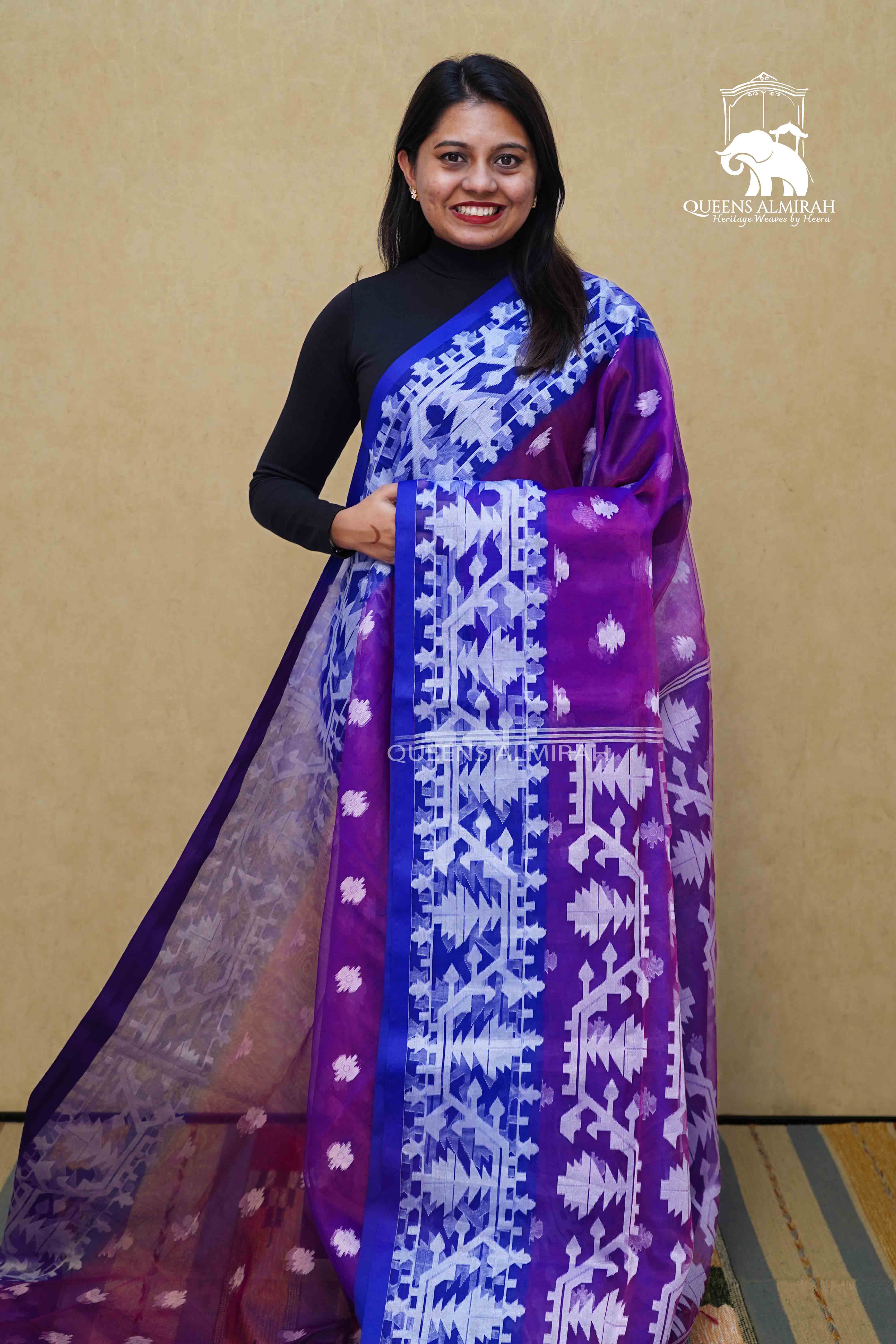 VIOLET WITH PURPLE MUSLIN JAMDANI SAREE - Queens Jewel Emporium