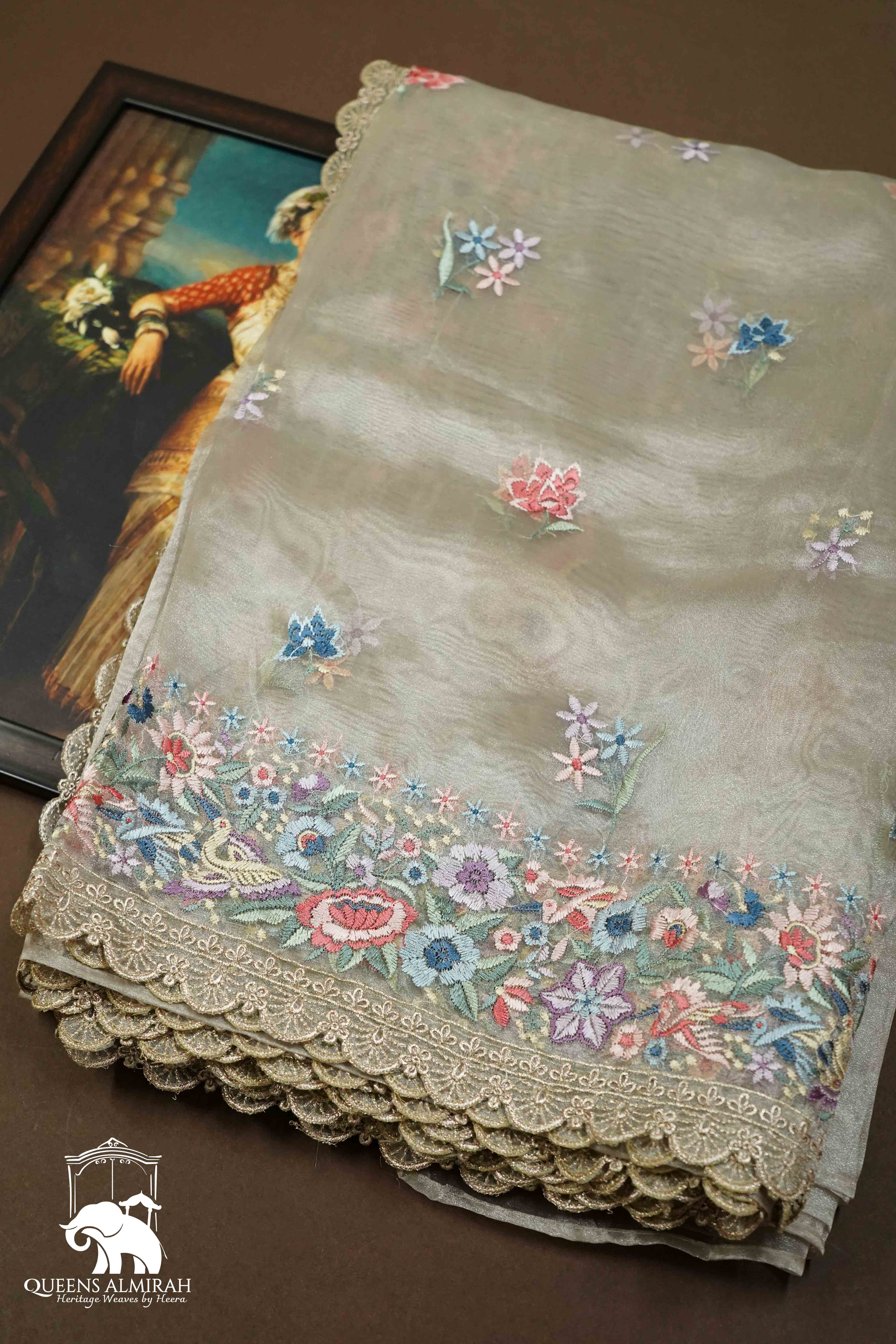 WARM GREY SILK ORGANZA SAREE - Queens Jewel Emporium