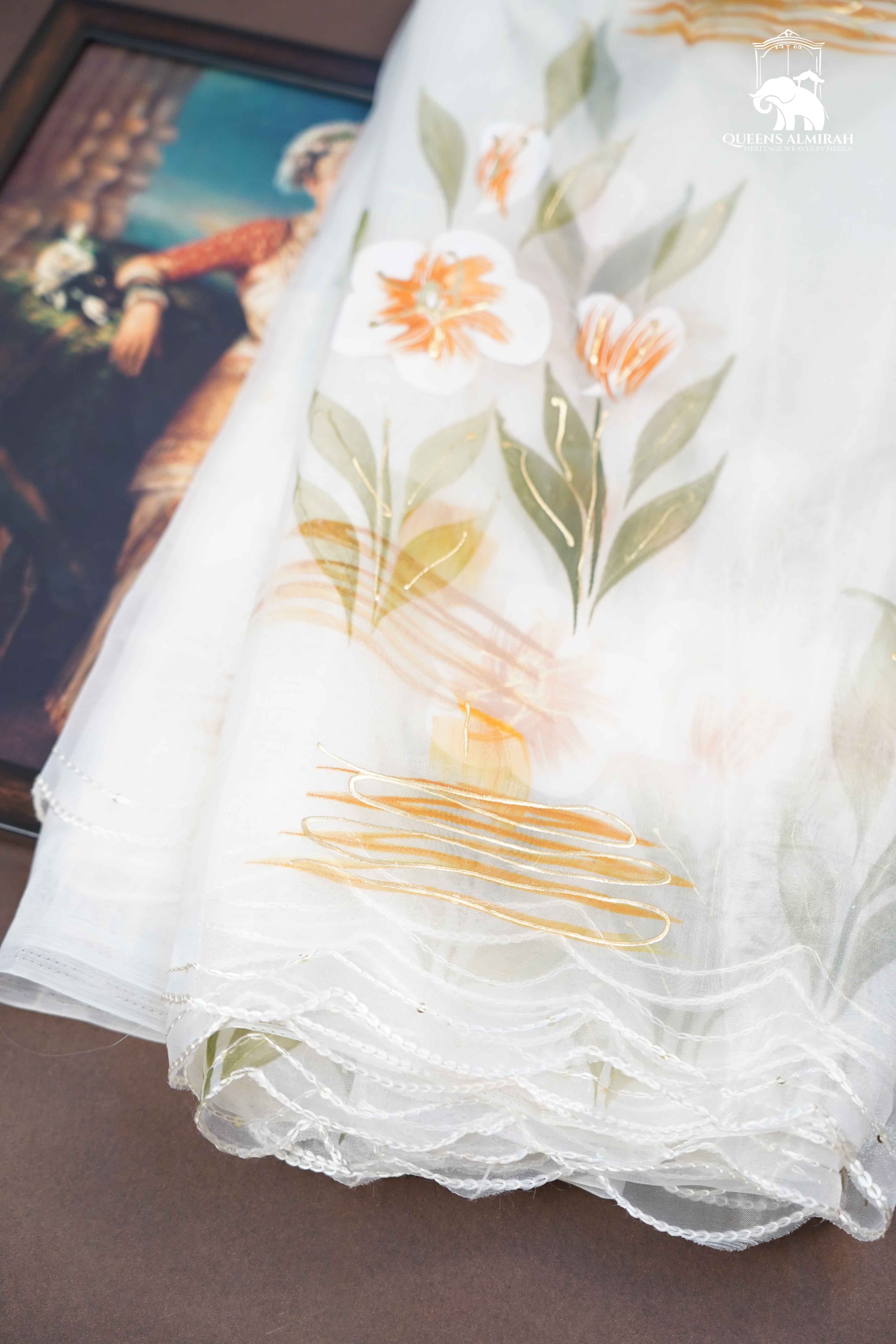 WHITE HAND PAINTED ORGANZA SAREE - Queens Jewel Emporium
