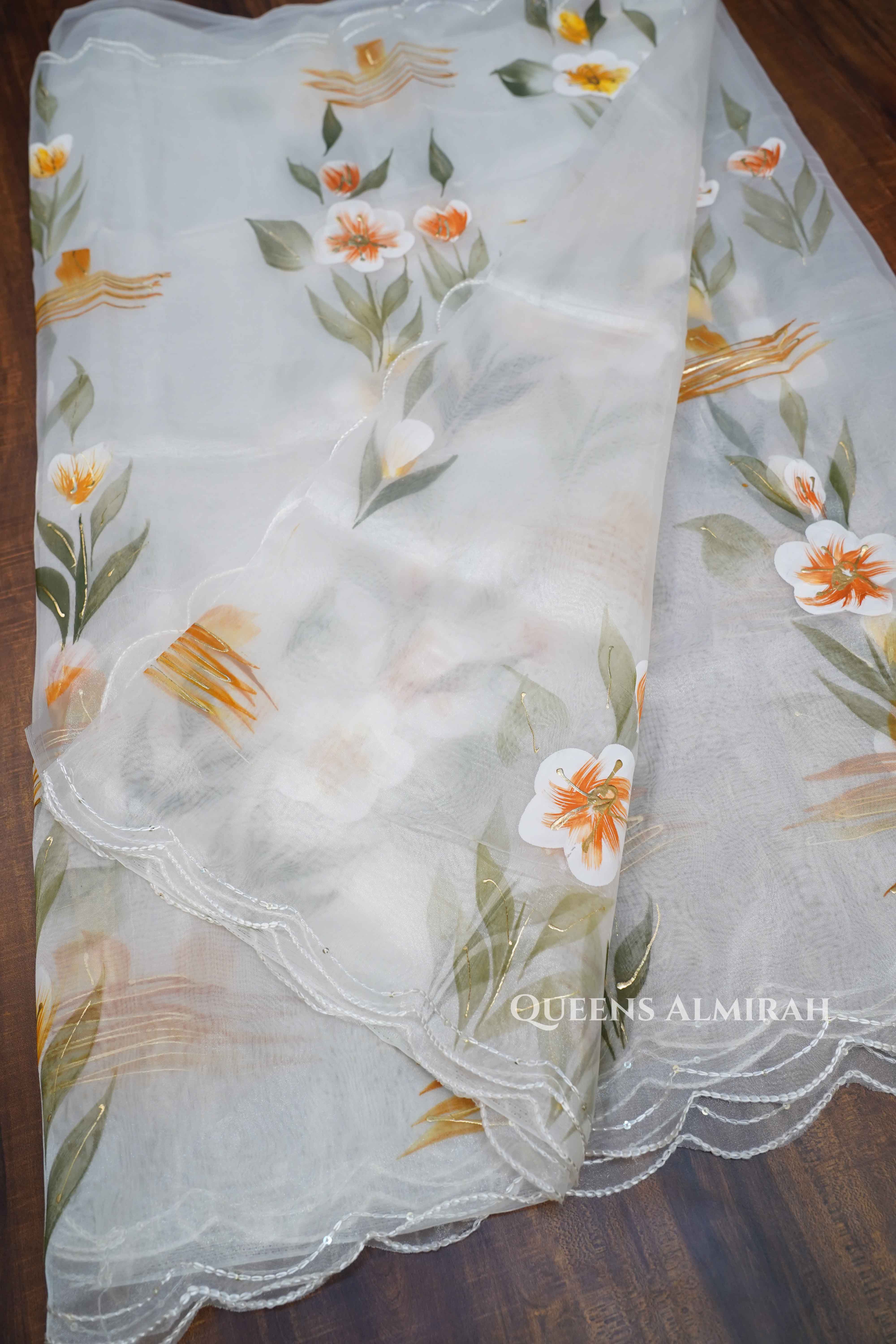 WHITE HAND PAINTED ORGANZA SAREE - Queens Jewel Emporium