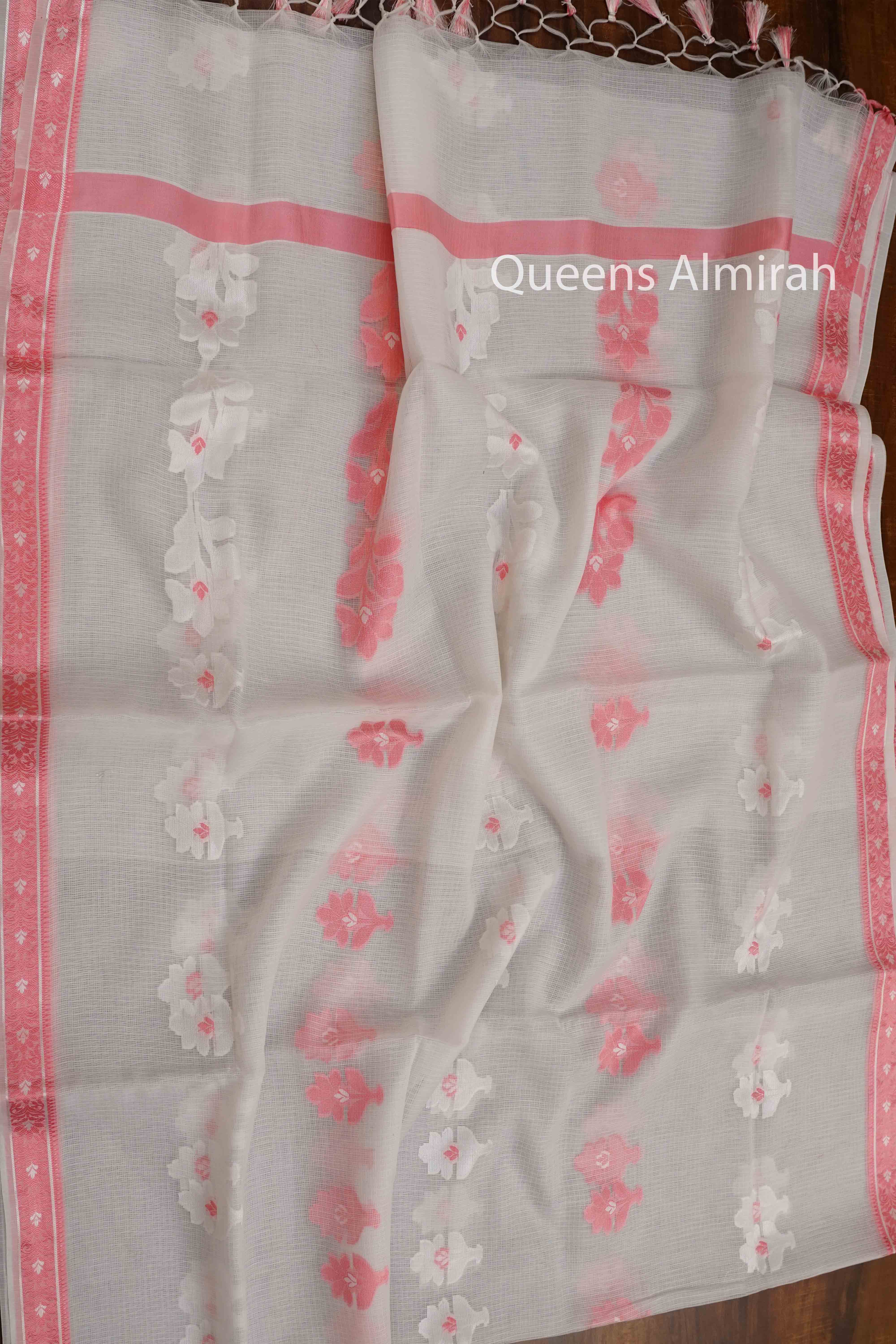 WHITE WITH DUSKY ROSE PURE KOTA SILK SAREE - Queens Jewel Emporium