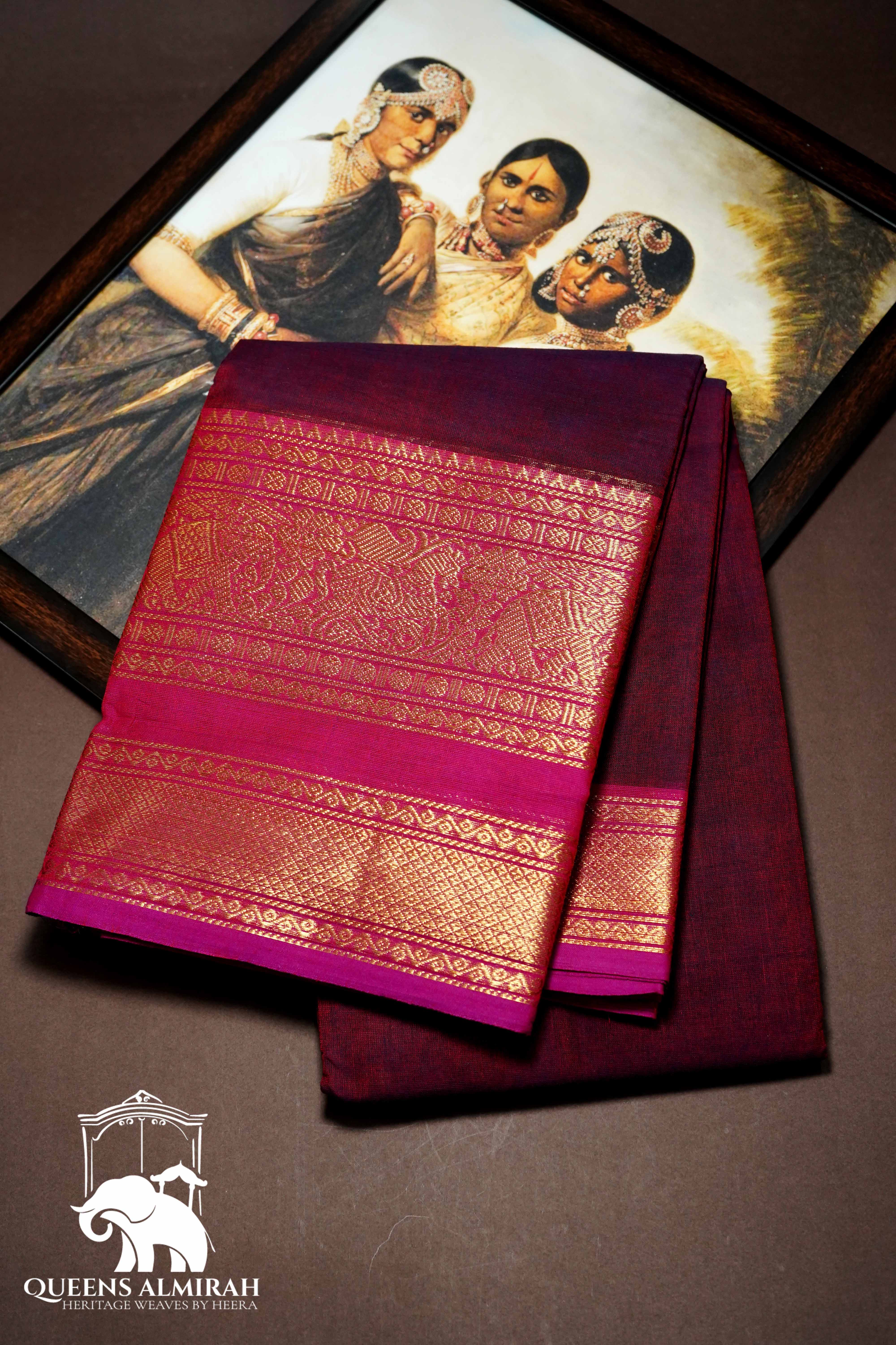 WINE BERRY WITH BURNT PINK KANCHI COTTON SAREE - Queens Jewel Emporium